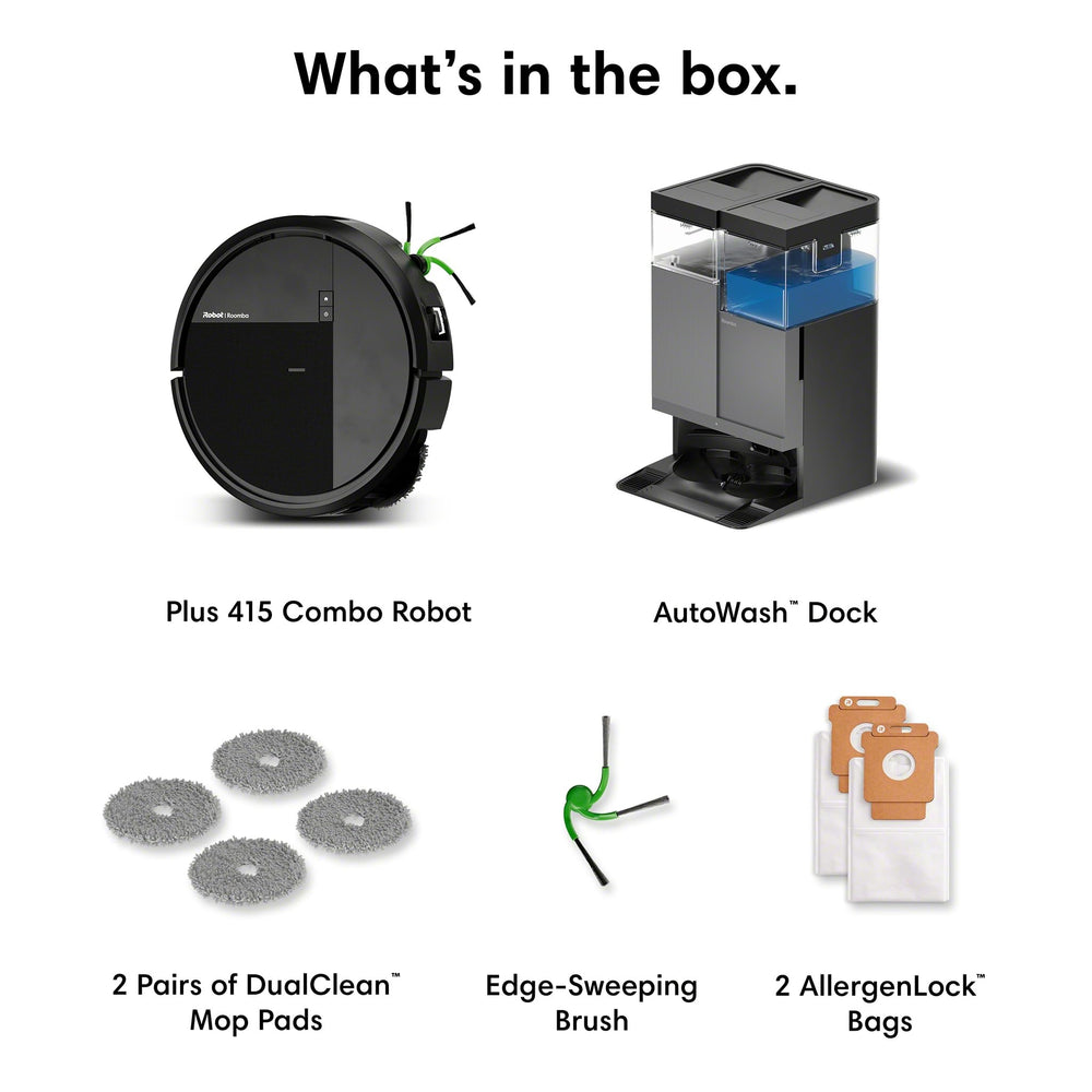 Roomba 415X Robot Vacuum & Mop Combo, 20,000Pa Suction, 3 Months AutoEmpty, Multifunction Dock Self-Cleaning & Hot Dry, Smart Obstacle Avoidance, Lifting Dual Spinning Mops, Ideal for Pet Hair