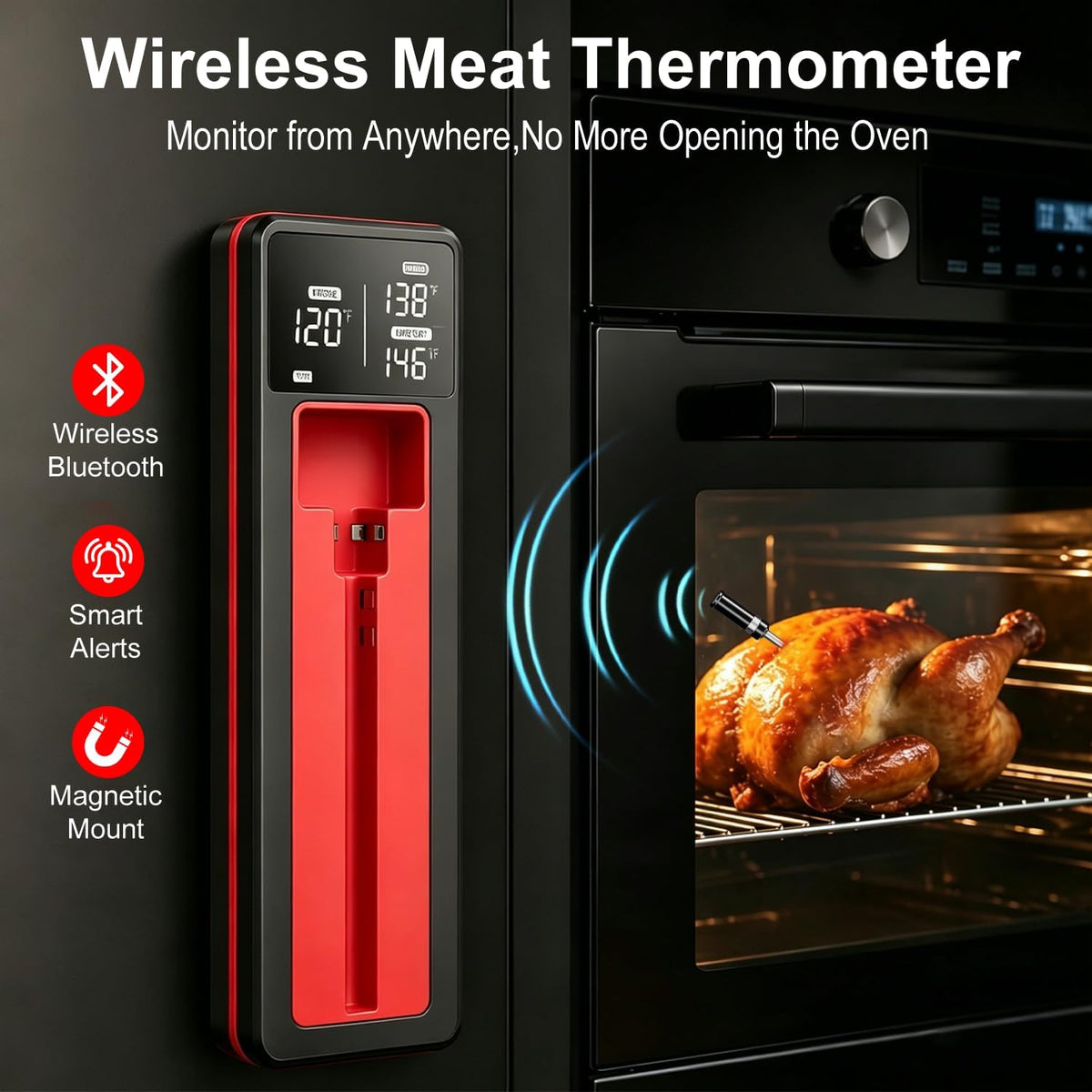 QUICKHORSE Smart Wireless Meat Thermometer IP67 Ultra-Thin Probe ±0.5℉ Accuracy Bluetooth 230ft Real-Time Monitoring & Smart Alerts with APP Standalone Display Base for BBQ, Oven, Kitchen,Grill,Smoker