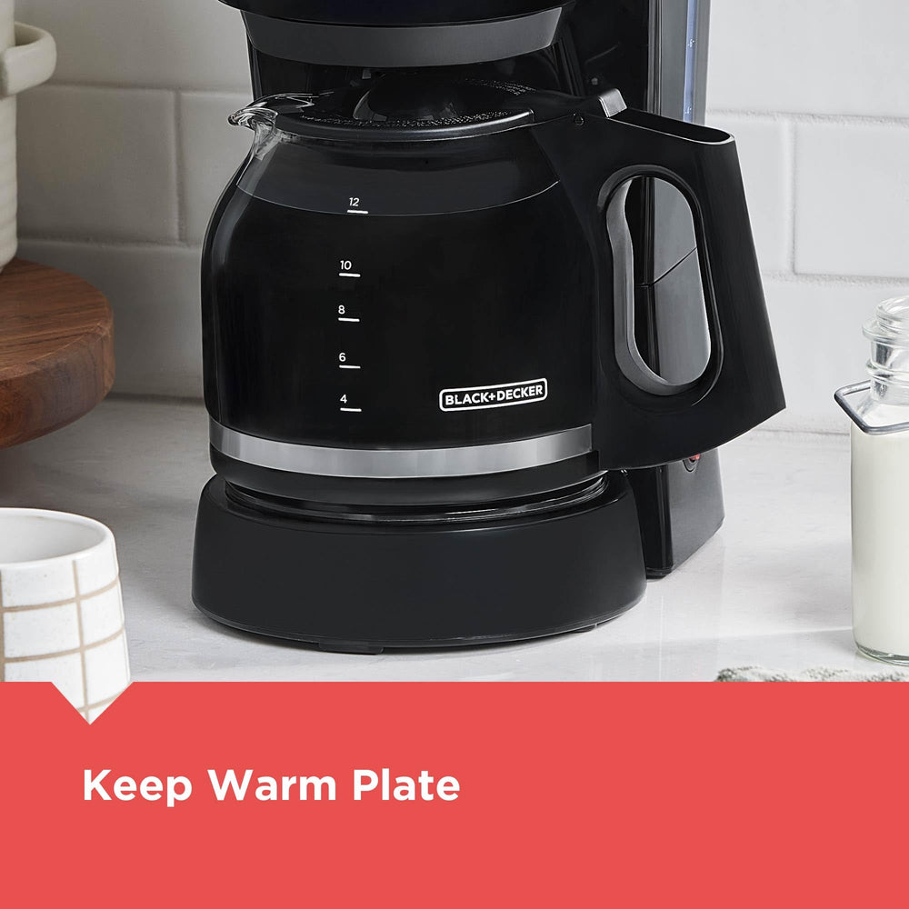 12-Cup Coffee Maker with Easy On/Off Switch, Easy Pour, Non-Drip Carafe with Removable Filter Basket, Vortex Technology, Black
