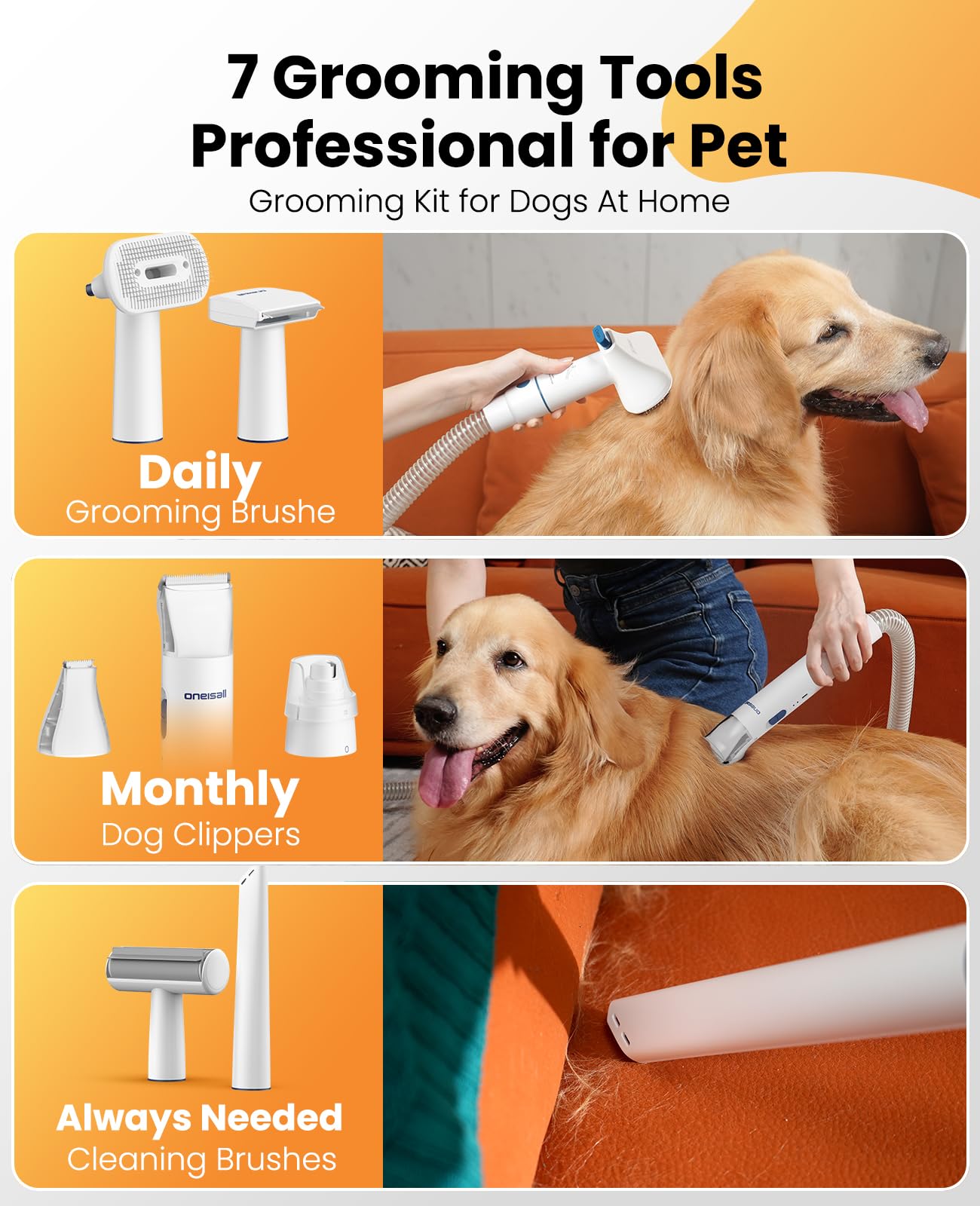 Dog Grooming Vacuum, 13000Pa Powerful 3L Dust Cup Pet Vacuum with Clipper Nail Grinder & Shedding Brush, 7 in 1 Dog Grooming Kits, Quiet, Large Capacity 3 Suction Levels, BM3