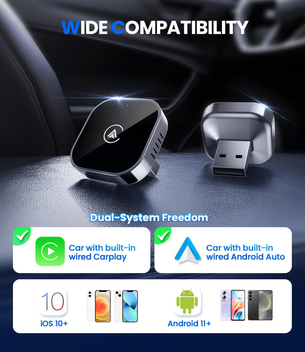 2 in 1 Wireless CarPlay and Android Auto Adapter, Easy Setup Plug and Play, Fast Seamless Use Supports 1000+ Car's with Built-in Wired Car Play/Android Auto, Compact Sleek Design Car Adapter