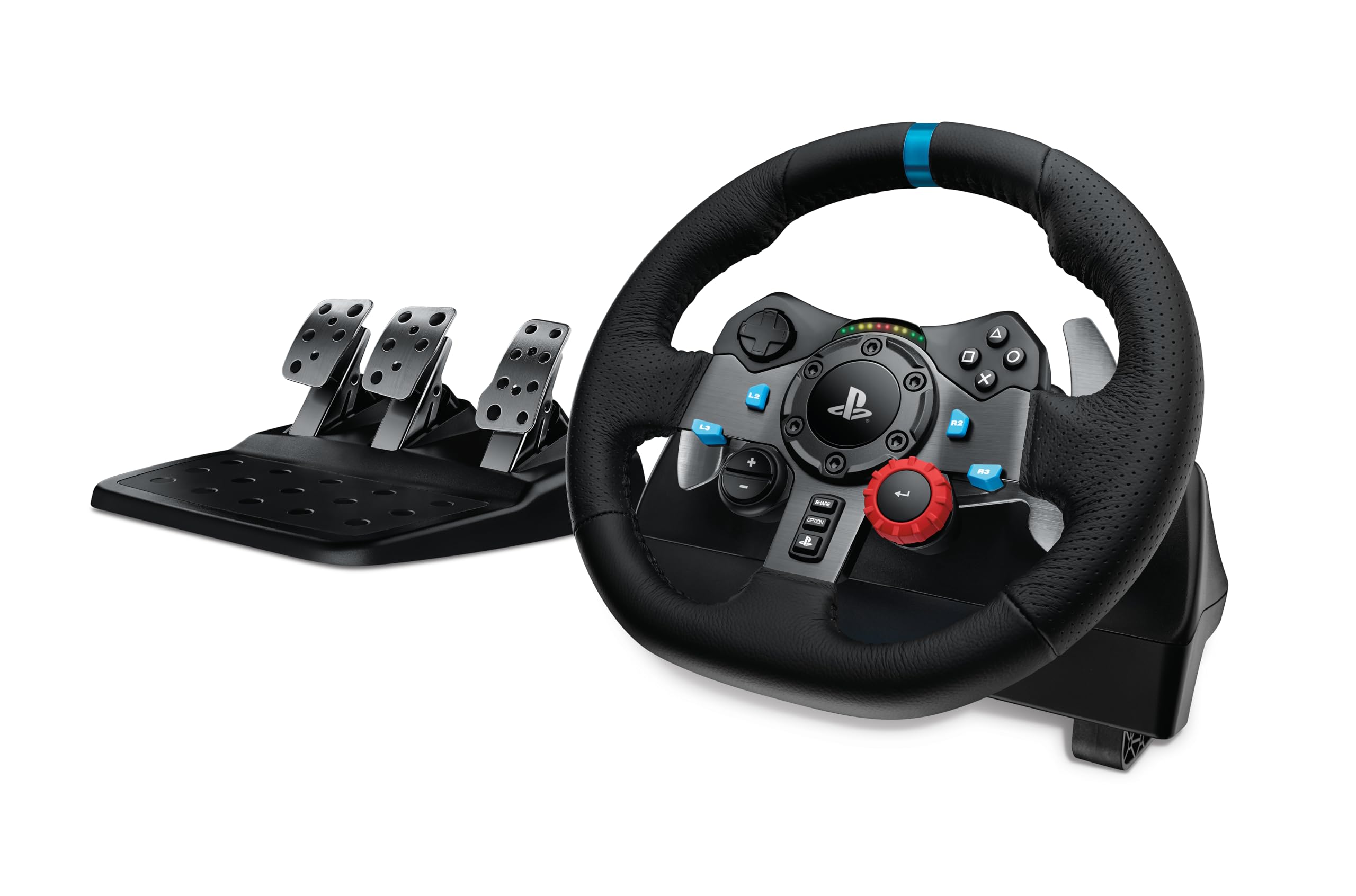 G29 Driving Force Racing Wheel and Floor Pedals, Real Force Feedback, Stainless Steel Paddle Shifters, Leather Steering Wheel Cover for PS5, PS4, PC, Mac - Black