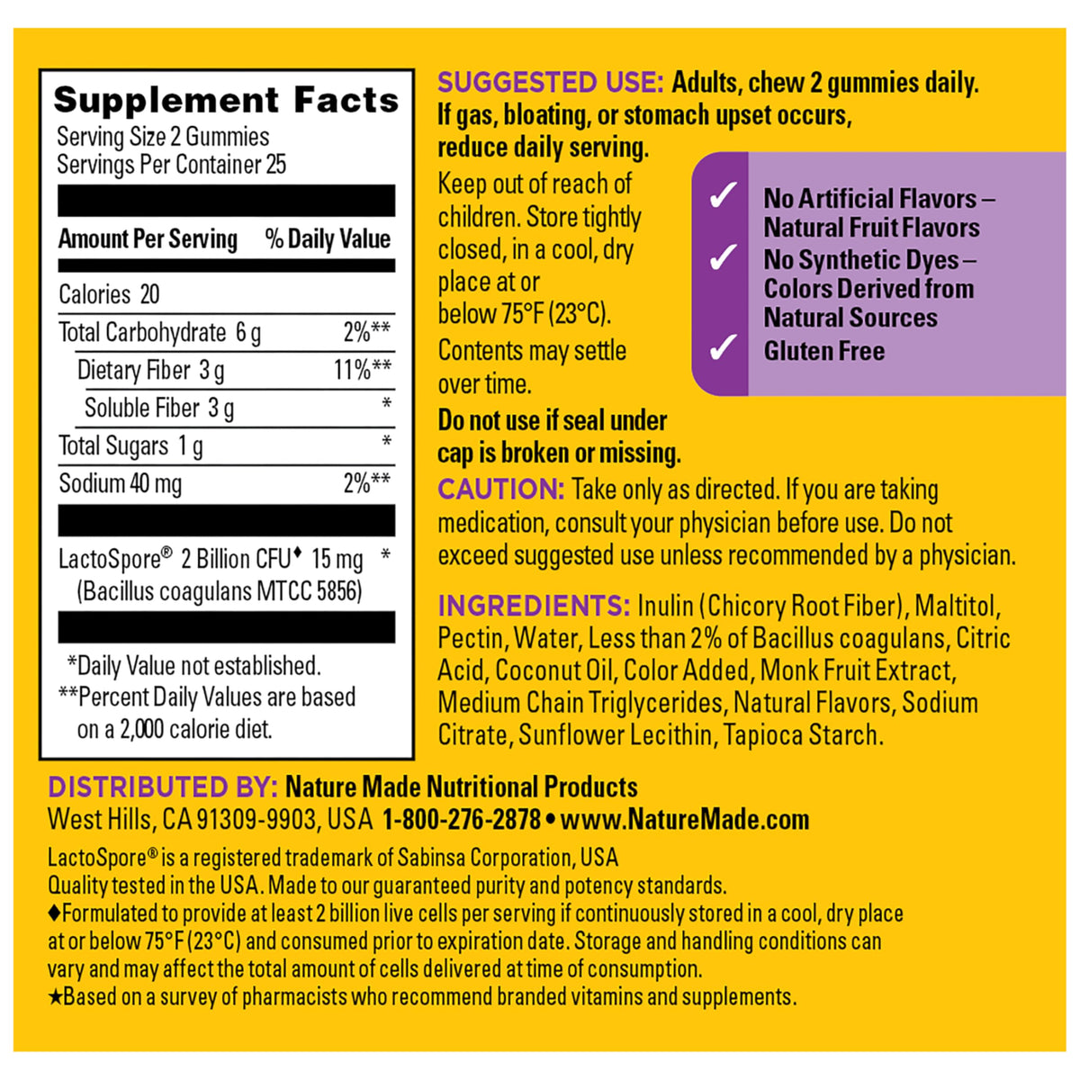 Nature Made Probiotic + Prebiotic Fiber Gummies for Daily Gut Health, Fiber Supplement with Probiotics for Digestive Health Support, 50 Gummies, 25 Day Supply