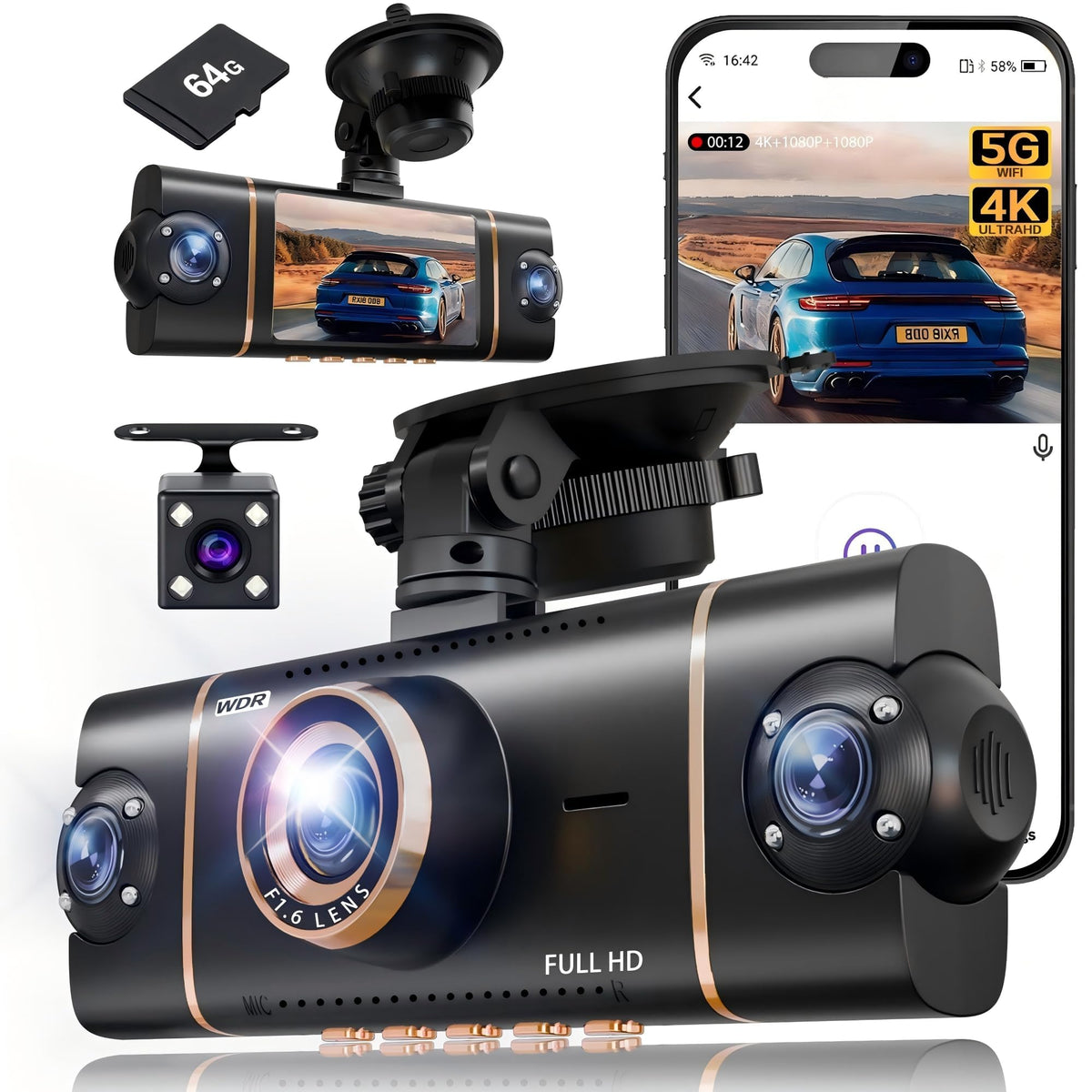 XYGCACO 4 Channel 360° Dash Cam Front Rear Inside and Left Right, 4K+1080P*3 FHD Car Camera, 5GHz WiFi and App Control, 24H Parking Mode, 8 IR Lamps Night Vision, Includes 64GB SD Card, Black