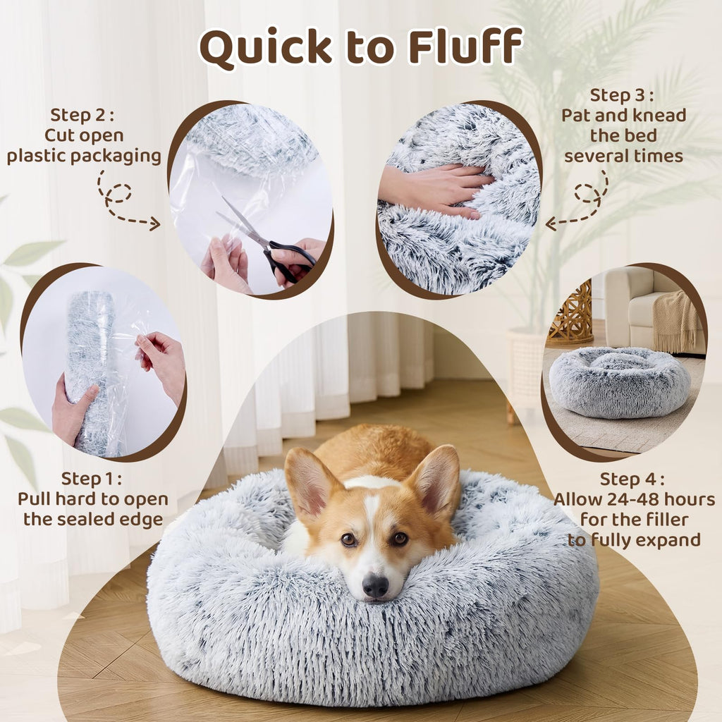Small Dog Bed, Calming Soft Anti-Anxiety Donut Cat Bed, Washable Round Fluffy Cushion for Small and Medium Pets (20")