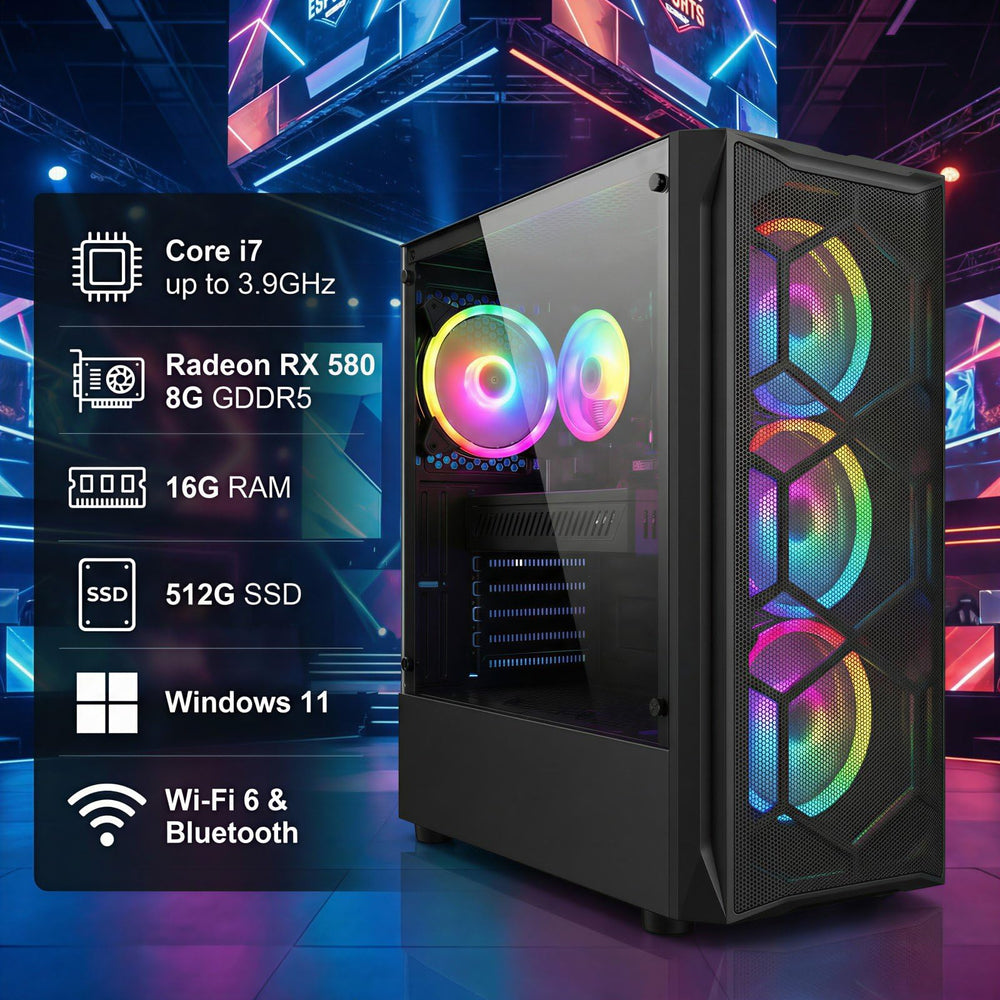 Gaming PC Desktop Computer, Intel Core i7 up to 3.9GHz, Radeon RX 580 8G, 16G RAM, 512G SSD, WiFi 6, BT 5.0, RGB Fan x4, Windows 11 Home