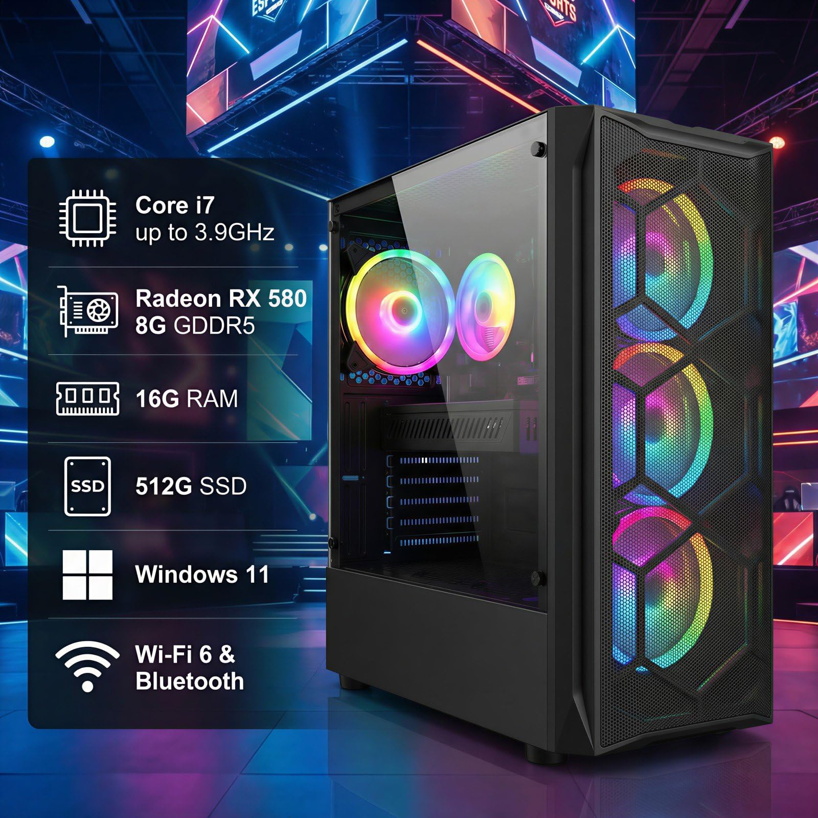 Gaming PC Desktop Computer, Intel Core i7 up to 3.9GHz, Radeon RX 580 8G, 16G RAM, 512G SSD, WiFi 6, BT 5.0, RGB Fan x4, Windows 11 Home