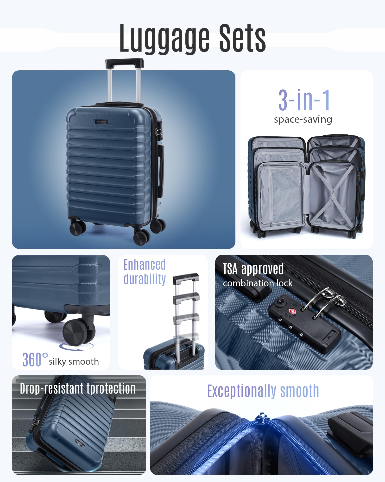 Luggage Sets, 3 Piece Durable Suitcase Set with Spinner Wheels, 3 Pcs Hard Shell Lightweight Luggage with TSA Lock, Large Checked Travel Suitcases, 20/24/28 Inch, Royal Blue