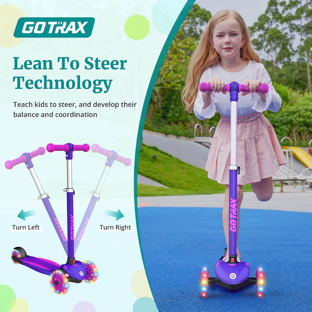 KS1 Kids Kick Scooter, LED Lighted Wheels and 3 Adjustable Height Handlebars, Lean-to-Steer & Widen Anti-Slip Deck, 3 Wheel Scooter for Boys & Girls Ages 2-8 and up to 110 Lbs