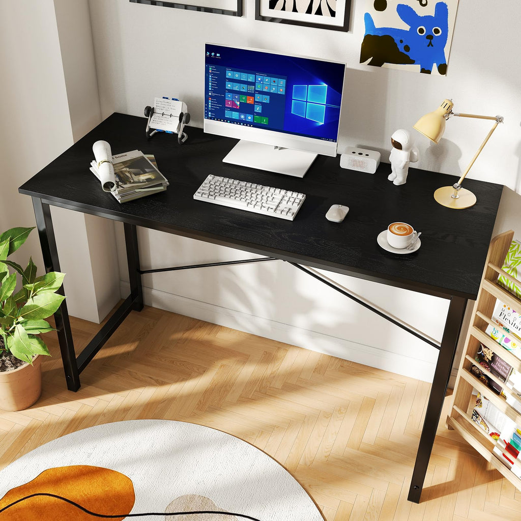 Sweetcrispy Computer Office Desk 48 Inch Student Study Writing Work with Metal Frame Wood Tabletop Modern Simple PC Home Bedroom Table - Basic Black, Compact Sturdy Desk for Laptop, Study, Gaming