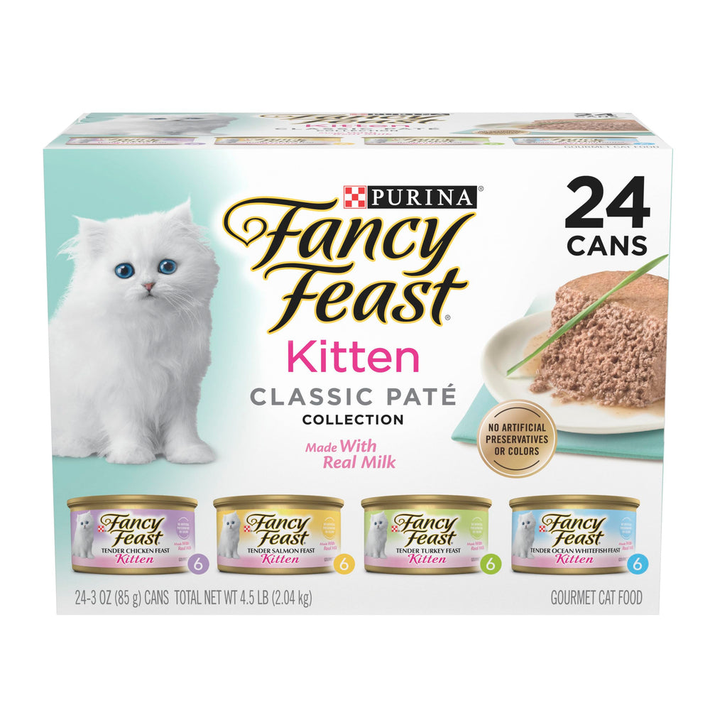 Fancy Feast Tender Ocean Whitefish, Turkey, Chicken and Salmon Feasts Wet Kitten Food Variety Pack - (Pack of 24) 3 oz. Boxes