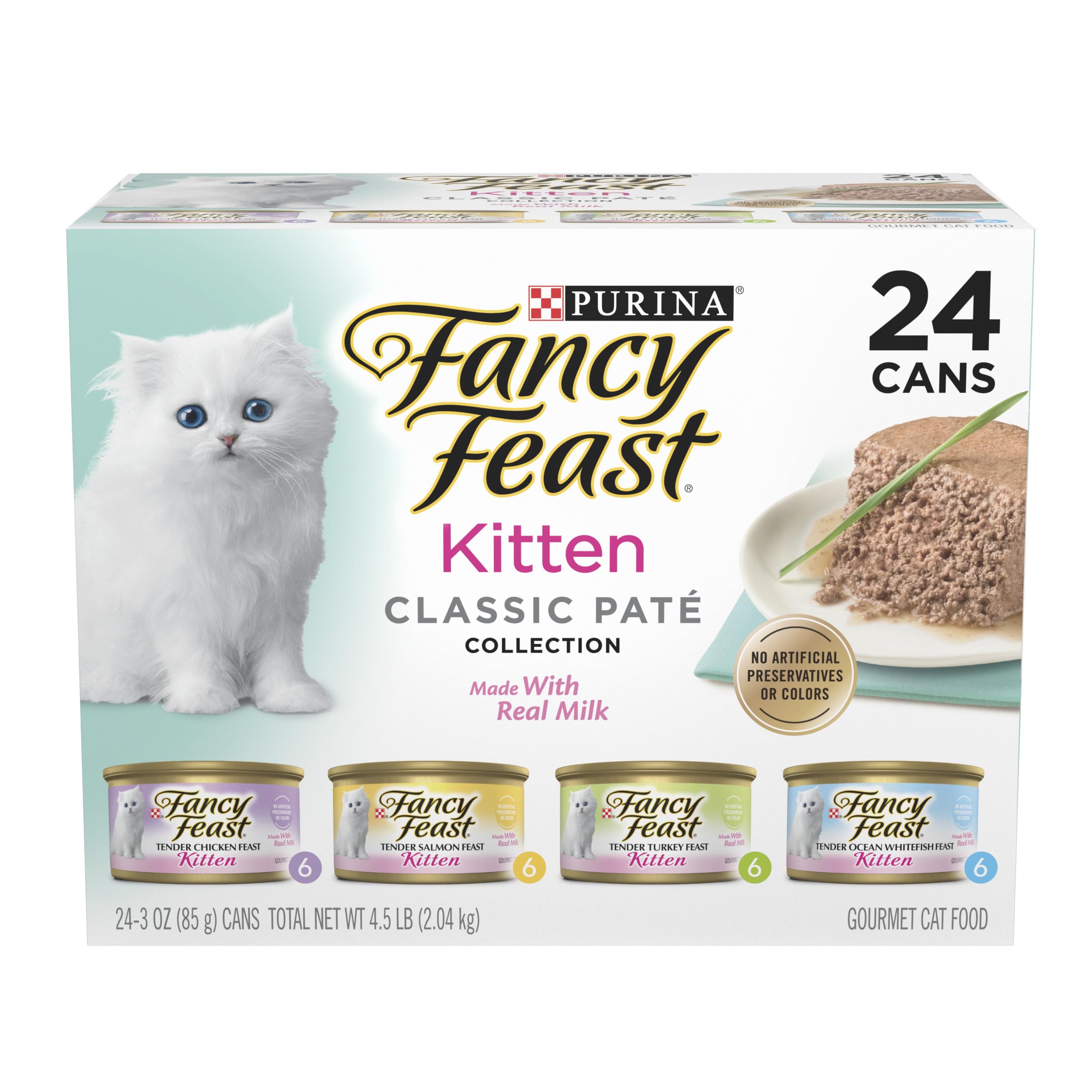 Fancy Feast Tender Ocean Whitefish, Turkey, Chicken and Salmon Feasts Wet Kitten Food Variety Pack - (Pack of 24) 3 oz. Boxes