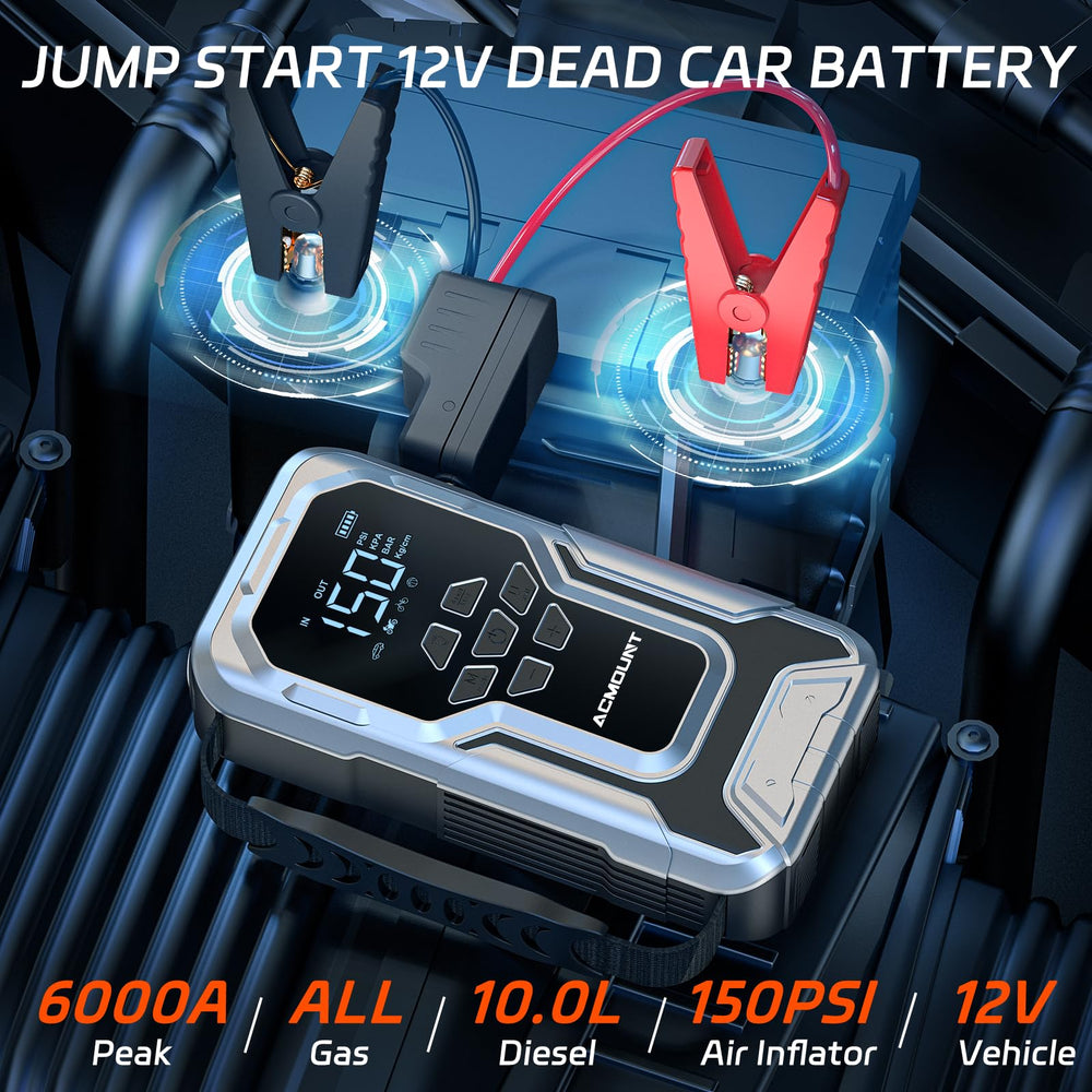 D18 Jump Starter with Air Compressor, 6000A Car Battery Jumper Starter Portable(All Gas/10.0L Diesel), 150PSI Tire Inflator Air Pump, 12V Jump Pack, Car Emergency Kit, Car Gift for Man