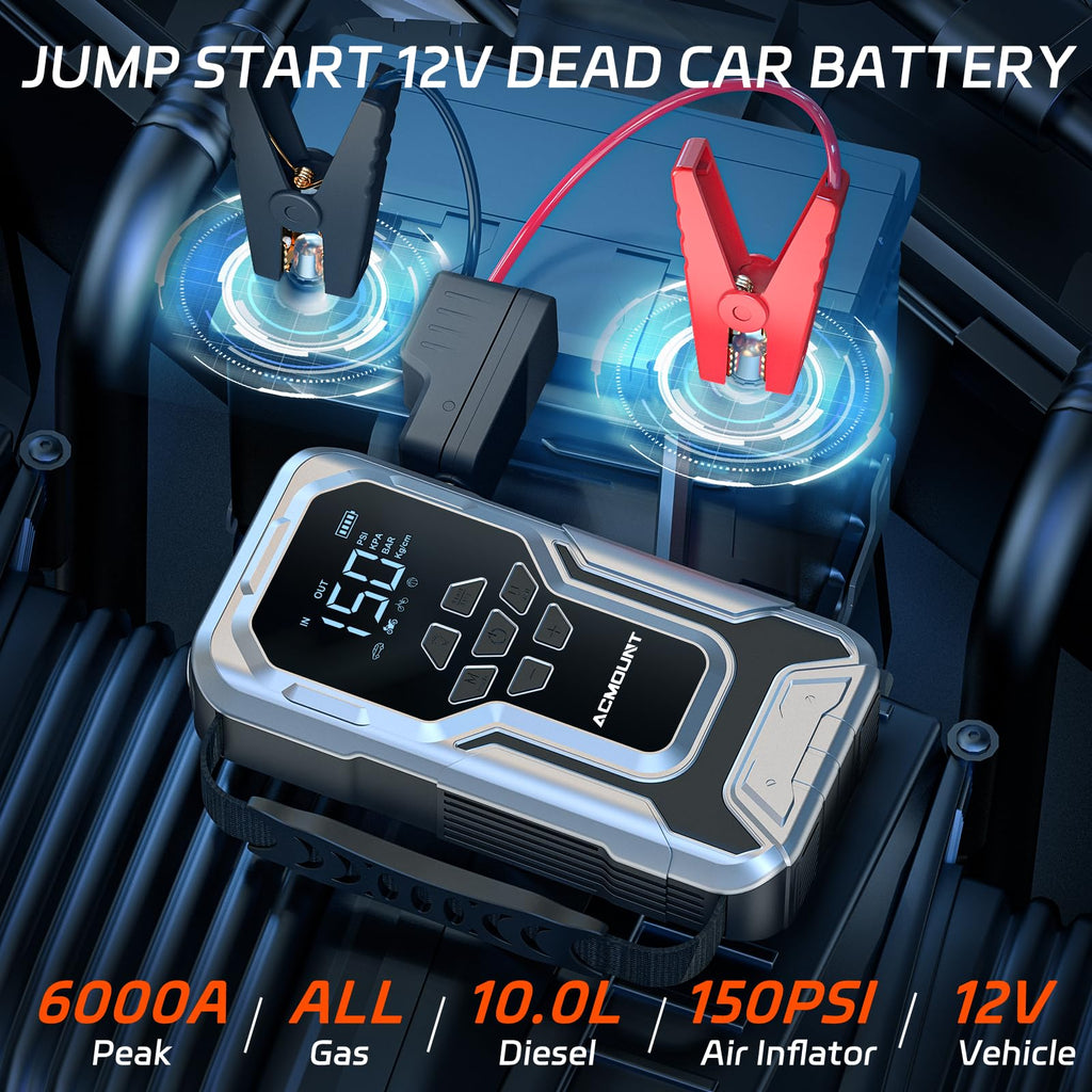 D18 Jump Starter with Air Compressor, 6000A Car Battery Jumper Starter Portable(All Gas/10.0L Diesel), 150PSI Tire Inflator Air Pump, 12V Jump Pack, Car Emergency Kit, Car Gift for Man