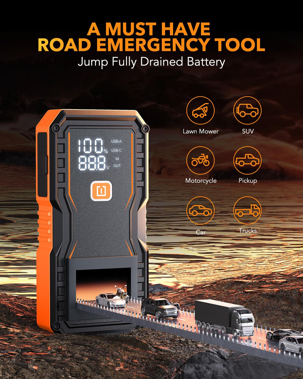 Jump Starter 6000A for All Gas/12L Diesel, Car Battery Jumper Starter Portable, 12V Lithium Jump Box with Jumper Cables, LED Display, LED Light, Power Bank with USB, Type C Port
