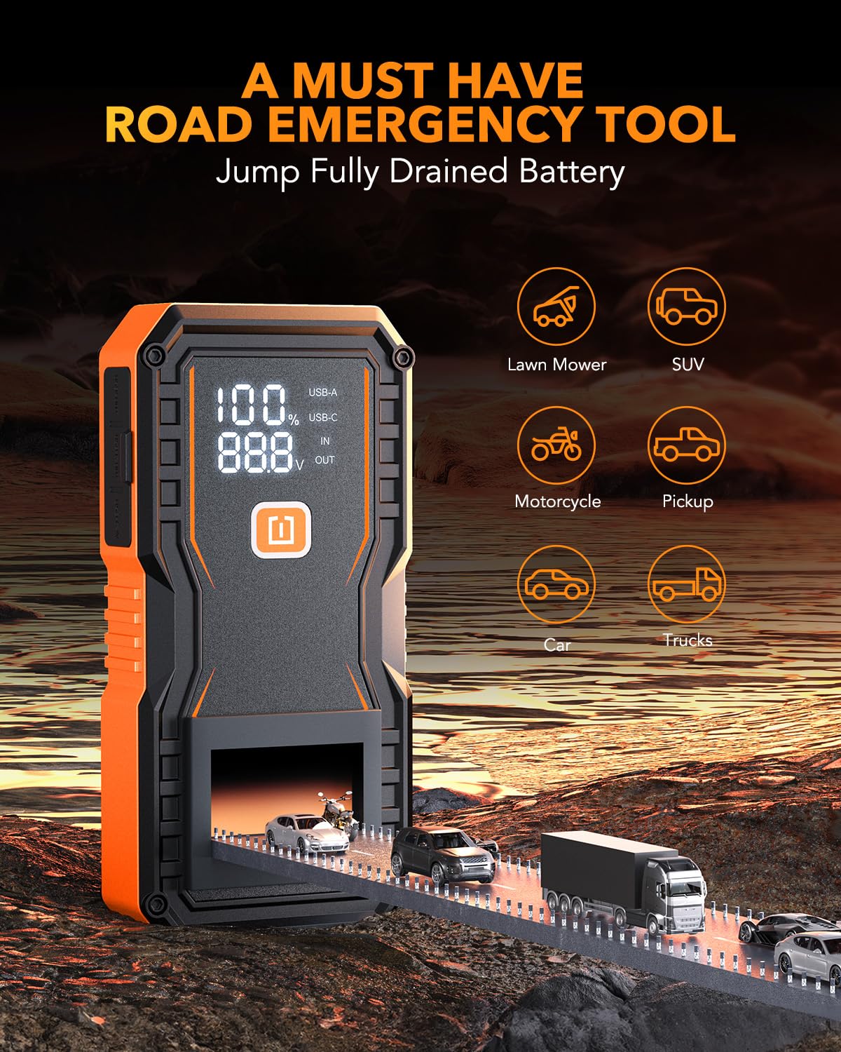 OXILAM Jump Starter 6000A for All Gas/12L Diesel, Car Battery Jumper Starter Portable, 12V Lithium Jump Box with Jumper Cables, LED Display, LED Light, Power Bank with USB, Type C Port