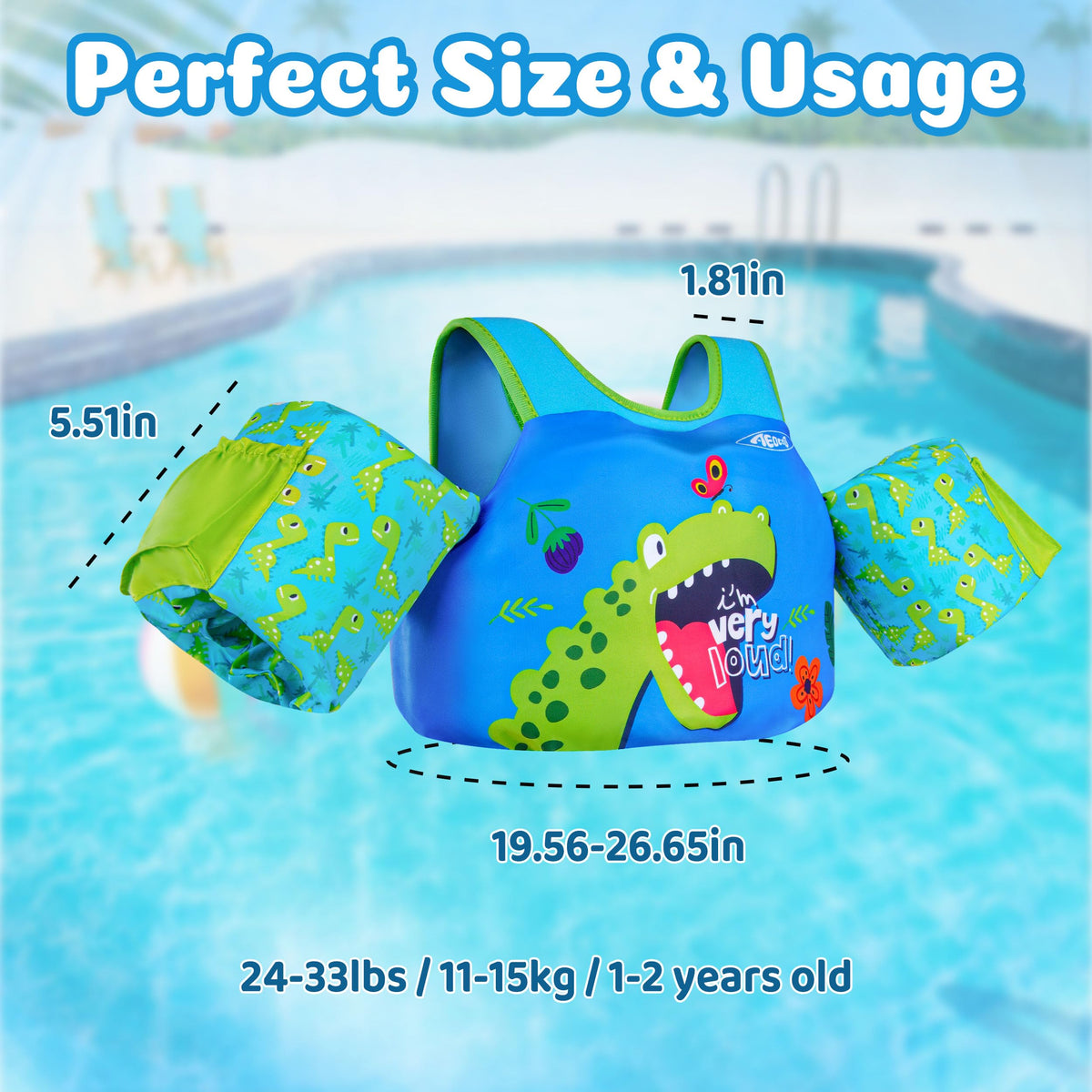 AEOCOO Puddle Float Jumper 20-30-50 Pounds, Toddler Swim Vest for 1-3-5 Years Old, Pool Floats with Swimming Arm Floaties Swim Jacket with Water Wings for Kids Swimmies, Boys, Girls, Niños, Dinosaur