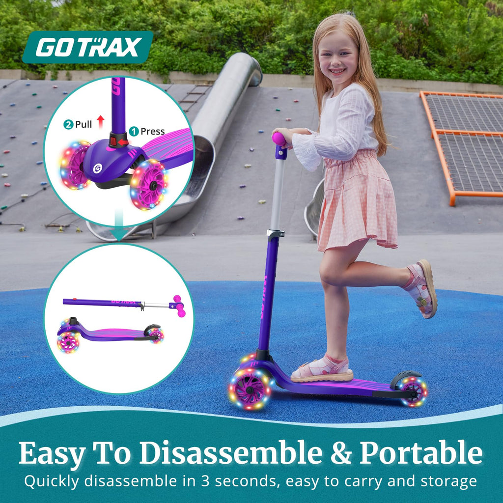 KS1 Kids Kick Scooter, LED Lighted Wheels and 3 Adjustable Height Handlebars, Lean-to-Steer & Widen Anti-Slip Deck, 3 Wheel Scooter for Boys & Girls Ages 2-8 and up to 110 Lbs