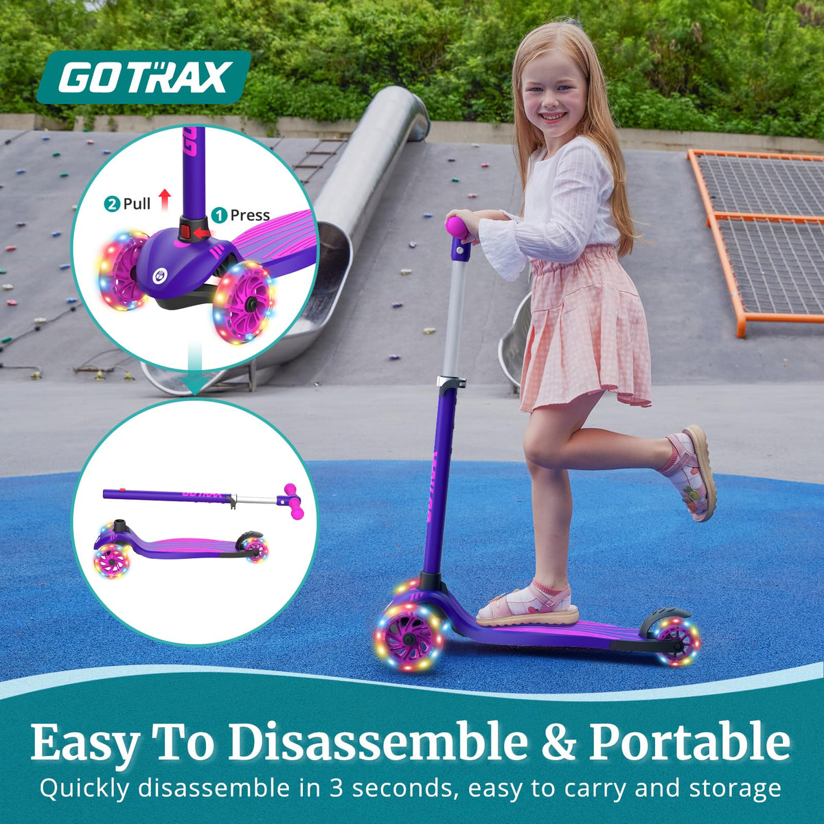 KS1 Kids Kick Scooter, LED Lighted Wheels and 3 Adjustable Height Handlebars, Lean-to-Steer & Widen Anti-Slip Deck, 3 Wheel Scooter for Boys & Girls Ages 2-8 and up to 110 Lbs