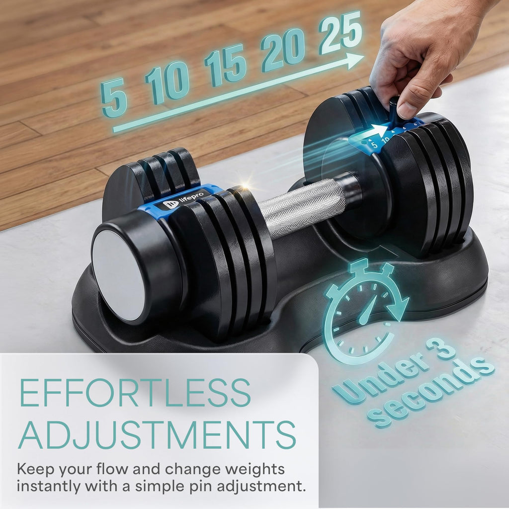 Powerflow Plus Adjustable Dumbbell Set of 2 with Rack – 5 to 25 lb Pair, Quick-Adjust Dial, Anti-Slip Grip, Space-Saving Hand Weights for Men & Women for Home Gym Strength Training