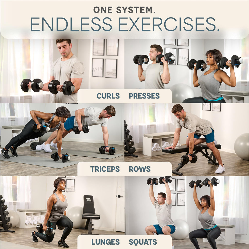 Powerflow Plus Adjustable Dumbbell Set of 2 with Rack – 5 to 25 lb Pair, Quick-Adjust Dial, Anti-Slip Grip, Space-Saving Hand Weights for Men & Women for Home Gym Strength Training