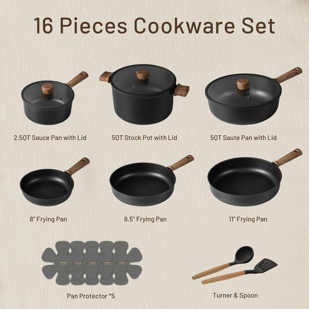 Nonstick Pots and Pans, Induction Titanium Cookware Set 16pcs Kitchen Cooking Sets, Pot and Pan Non Stick w/Frying pan (PFOS, PFOA Free)