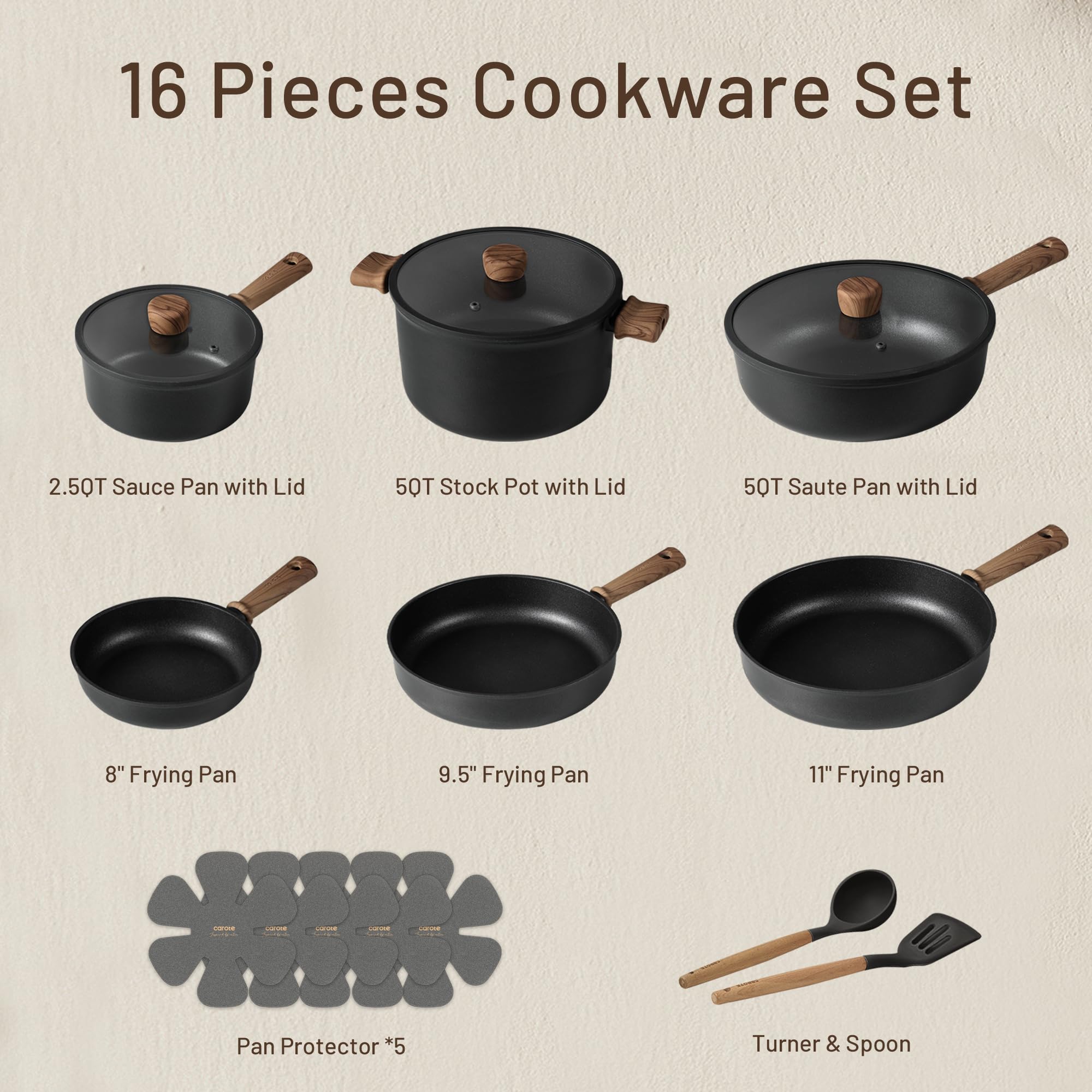 Nonstick Pots and Pans, Induction Titanium Cookware Set 16pcs Kitchen Cooking Sets, Pot and Pan Non Stick w/Frying pan (PFOS, PFOA Free)