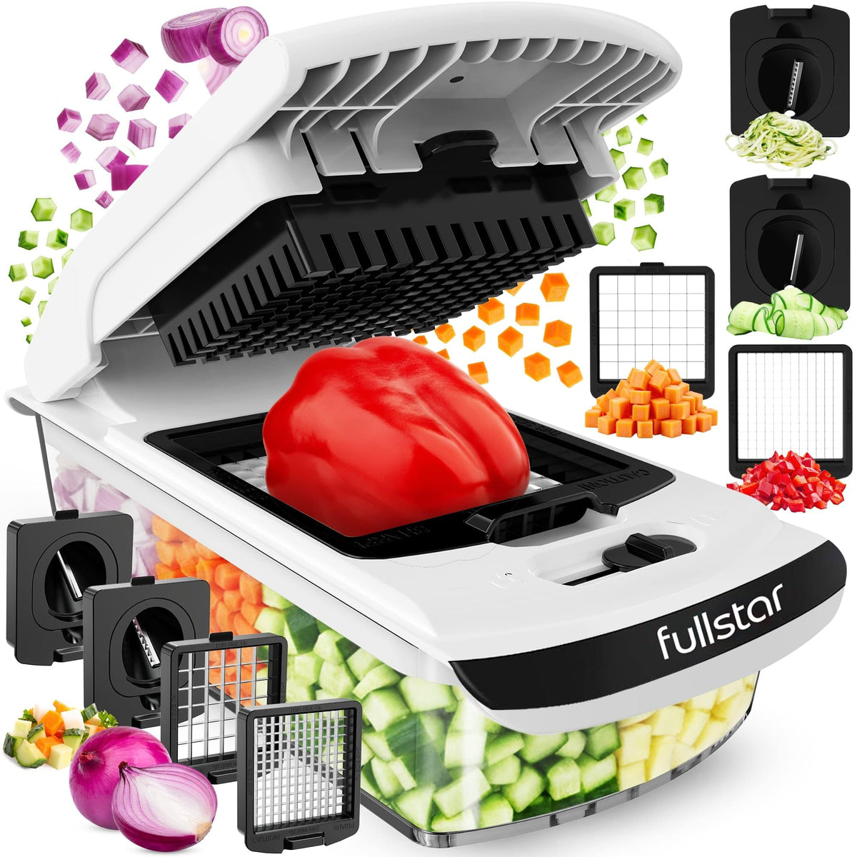 []Fullstar The Original Pro Chopper - Vegetable Chopper and Spiralizer, Food Chopper with Container, Fruit Slicer, Kitchen Gadgets & Gifts, Home Essentials (4 in 1, White)