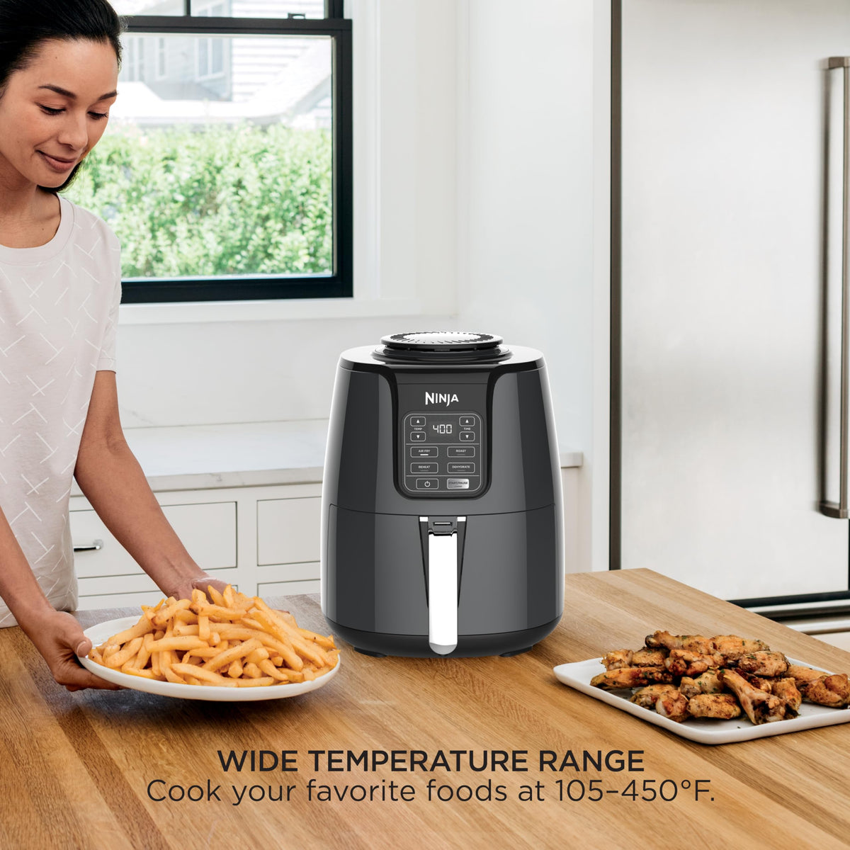 Air Fryer | 4 QT Capacity | 4-in-1 Roast, Crisp, Roast, Reheats, & Dehydrates | Dishwasher Safe Parts | 105°F-400°F | Includes 20 Easy & Healthy Recipes | 1550 watt | Grey | AF101
