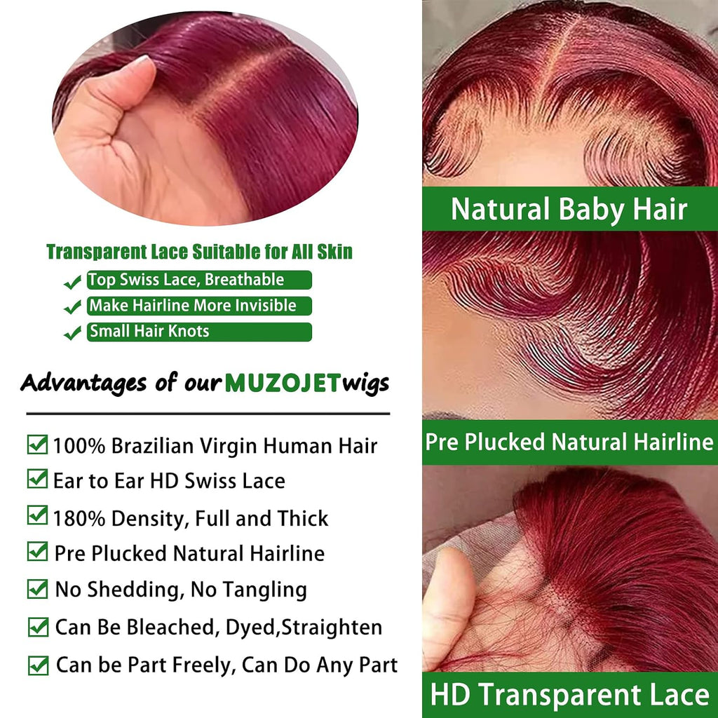 MUZOJET 99j Burgundy Lace Front Wigs Human Hair 13x6 Body Wave Lace Front Wigs Human Hair Pre Plucked Glueless Red Wig Wine Red Wigs for Women Reddish Brown 180 Density 30 Inch