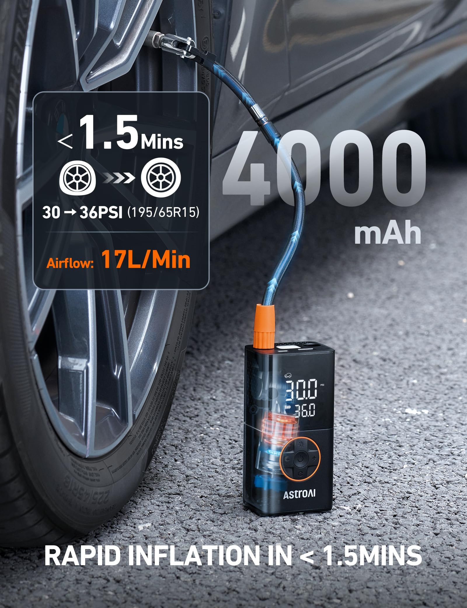 AstroAI L7 Tire Inflator Portable Air Compressor Cordless Mini Bike Pump with Digital Dual Values Display, 150 PSI Car Tires Air Pump with LED Lights&Pressure Gauge for Auto, Motorcycles, Bikes, Balls