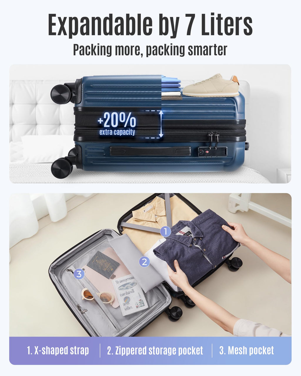 Carry On Luggage 22x14x9 Airline Approved, Durable Hard Shell Carry On Suitcases with Wheels, Expandable Hardside Lightweight Travel Luggage with TSA Lock, Royal Blue