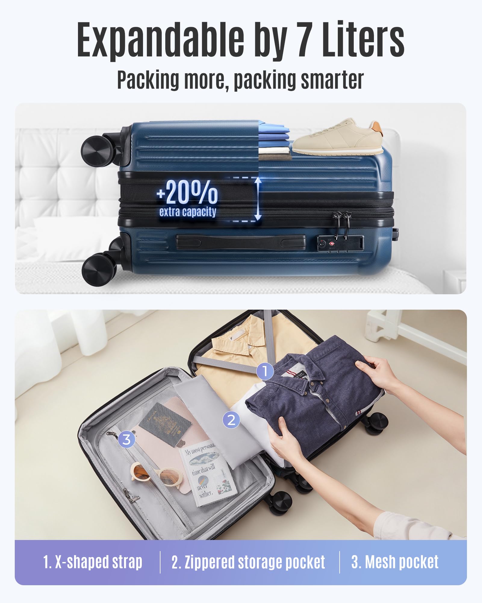 Carry On Luggage 22x14x9 Airline Approved, Durable Hard Shell Carry On Suitcases with Wheels, Expandable Hardside Lightweight Travel Luggage with TSA Lock, Royal Blue