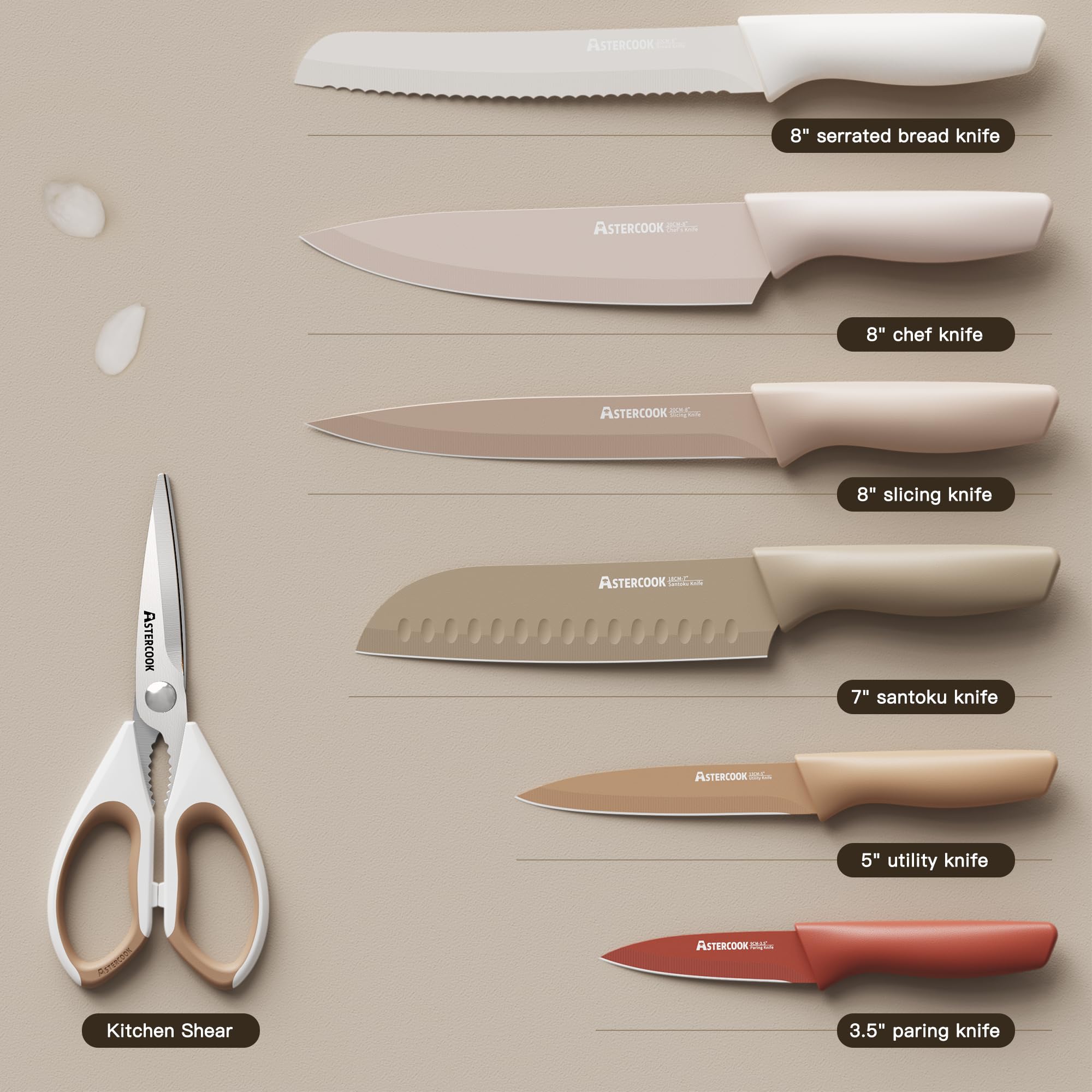 []Astercook Knife Set, 13 Pieces Kitchen Knives Set with Healthy Anti-Rust Coating, Dishwasher Safe, Stainless Steel Chef Knife Sets with 6 Blade Guards, Perfect Holiday Gifts for Kitchen