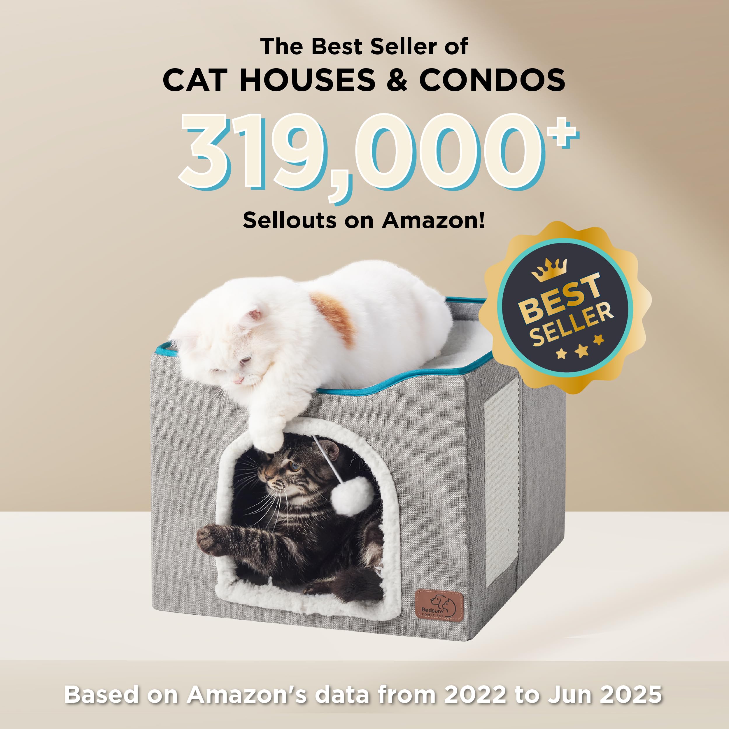 Cat Beds for Indoor Cats - Large Cat Cave for Pet Cat House with Fluffy Ball Hanging and Scratch Pad, Foldable Cat Hideaway, 16.5x16.5x13 inches, Grey