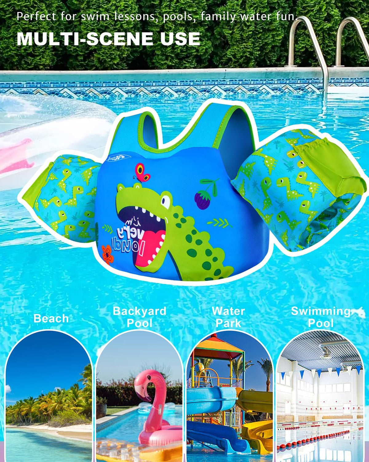 AEOCOO Puddle Float Jumper 20-30-50 Pounds, Toddler Swim Vest for 1-3-5 Years Old, Pool Floats with Swimming Arm Floaties Swim Jacket with Water Wings for Kids Swimmies, Boys, Girls, Niños, Dinosaur