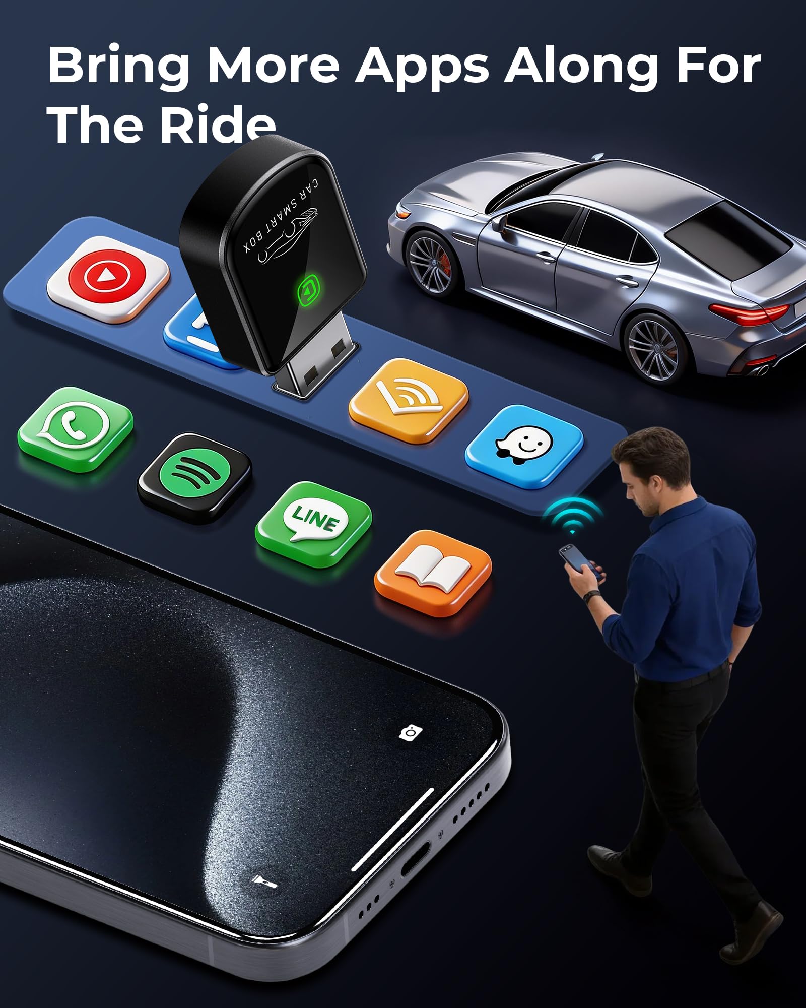 Wireless Carplay Adapter for iPhone Latest Upgrade, Tiny Bluetooth Dongle Convert Wired to Wireless for Apple Car Play Plug & Play, Zero-Lag Auto-Connect GPS Works with 2016+ Cars (Black)