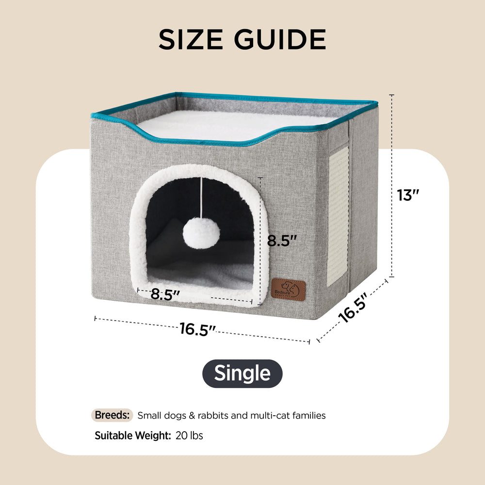 Cat Beds for Indoor Cats - Large Cat Cave for Pet Cat House with Fluffy Ball Hanging and Scratch Pad, Foldable Cat Hideaway, 16.5x16.5x13 inches, Grey