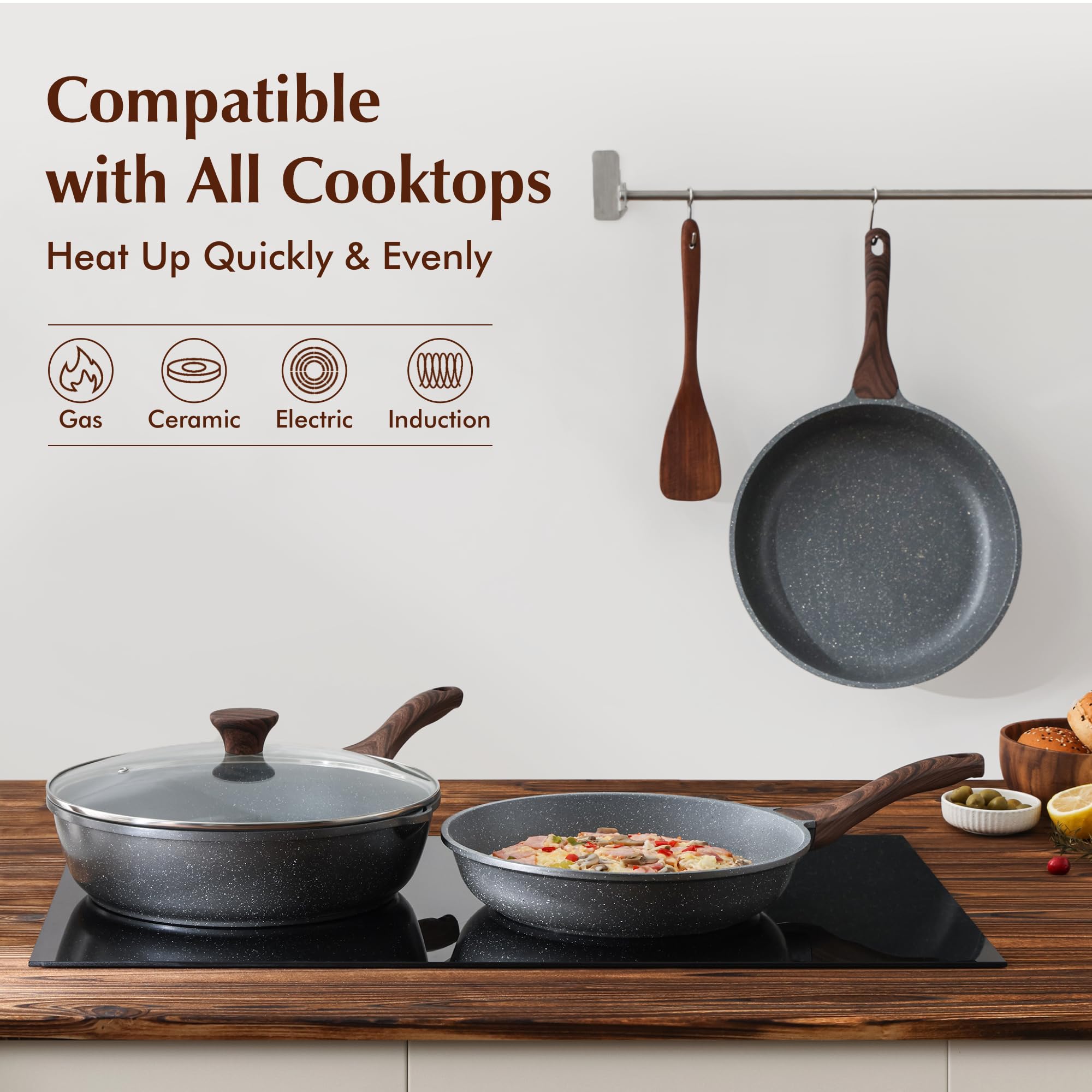 [] Nonstick Frying Pan Skillets, Swiss Granite Coating Omelette Pans, Healthy Cookware Chef's Pan, Free of Intentionally Added PFOA (9.5+11+12.5 Inch)