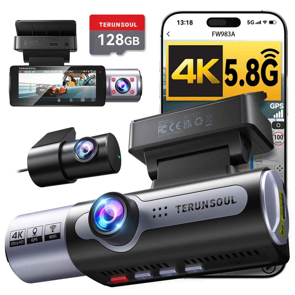 4K Dash Cam Front and Rear, Full HD 3 Channel Dashcam, Free 128GB Memory Card, Built-in 5.8GHz WiFi Built-in GPS, Collision Sensor, Night Vision, 3.16" IPS, 24H Parking Mode（Black）