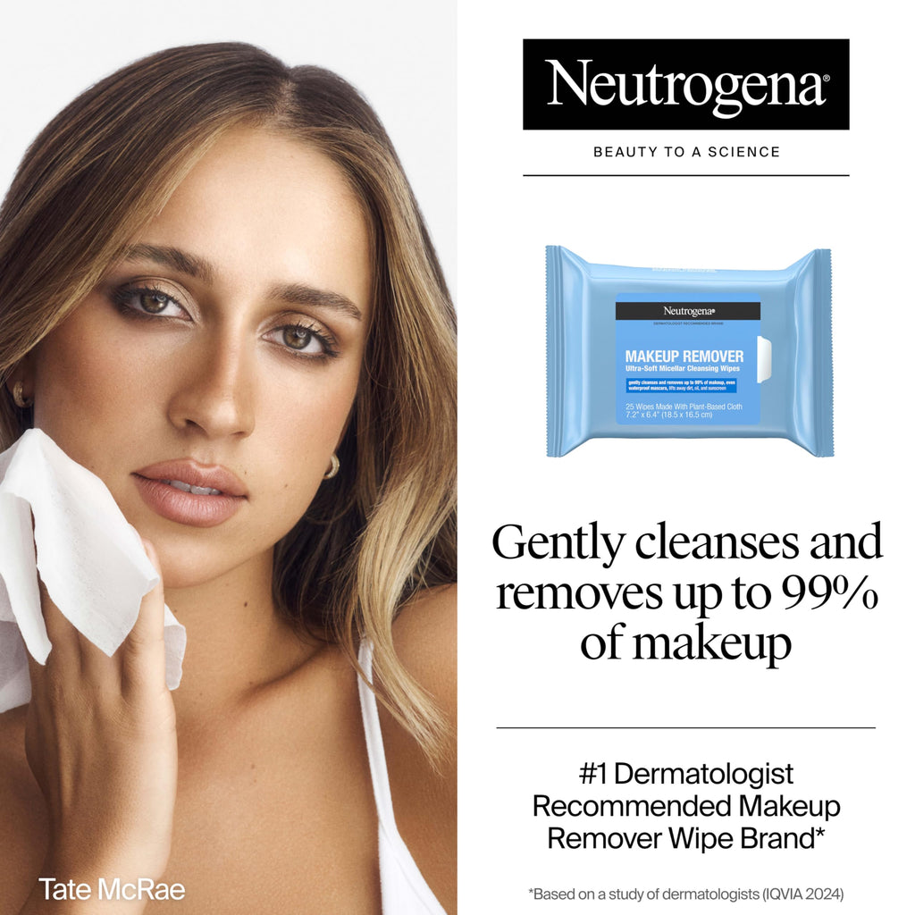 Makeup Remover Wipes Micellar Alcohol-Free Face Towelettes Remove Waterproof Mascara & Oil, Compostable 100% Plant-Based Cloth, Dermatologist & Ophthalmologist Tested, Twin Pack 2 x 25 ct