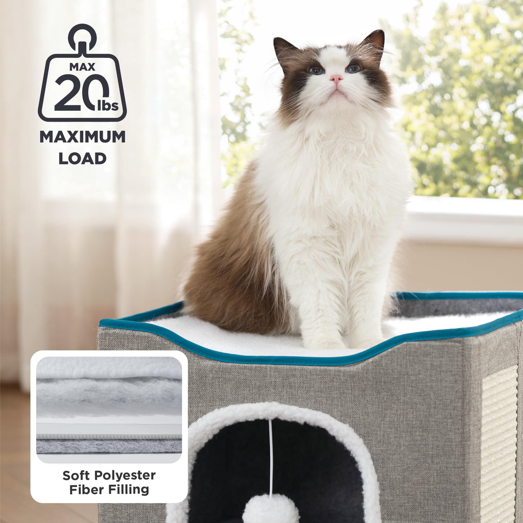Cat Beds for Indoor Cats - Large Cat Cave for Pet Cat House with Fluffy Ball Hanging and Scratch Pad, Foldable Cat Hideaway, 16.5x16.5x13 inches, Grey
