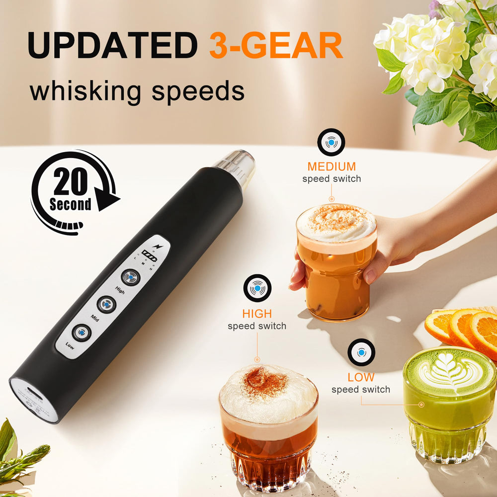 Black Handheld Milk Frother Wand for Coffee, Rechargeable Electric Whisk with 3 Heads 3 Speeds Drink Mixer Coffee Frother For Latte, Cappuccino, Hot Chocolate, Egg