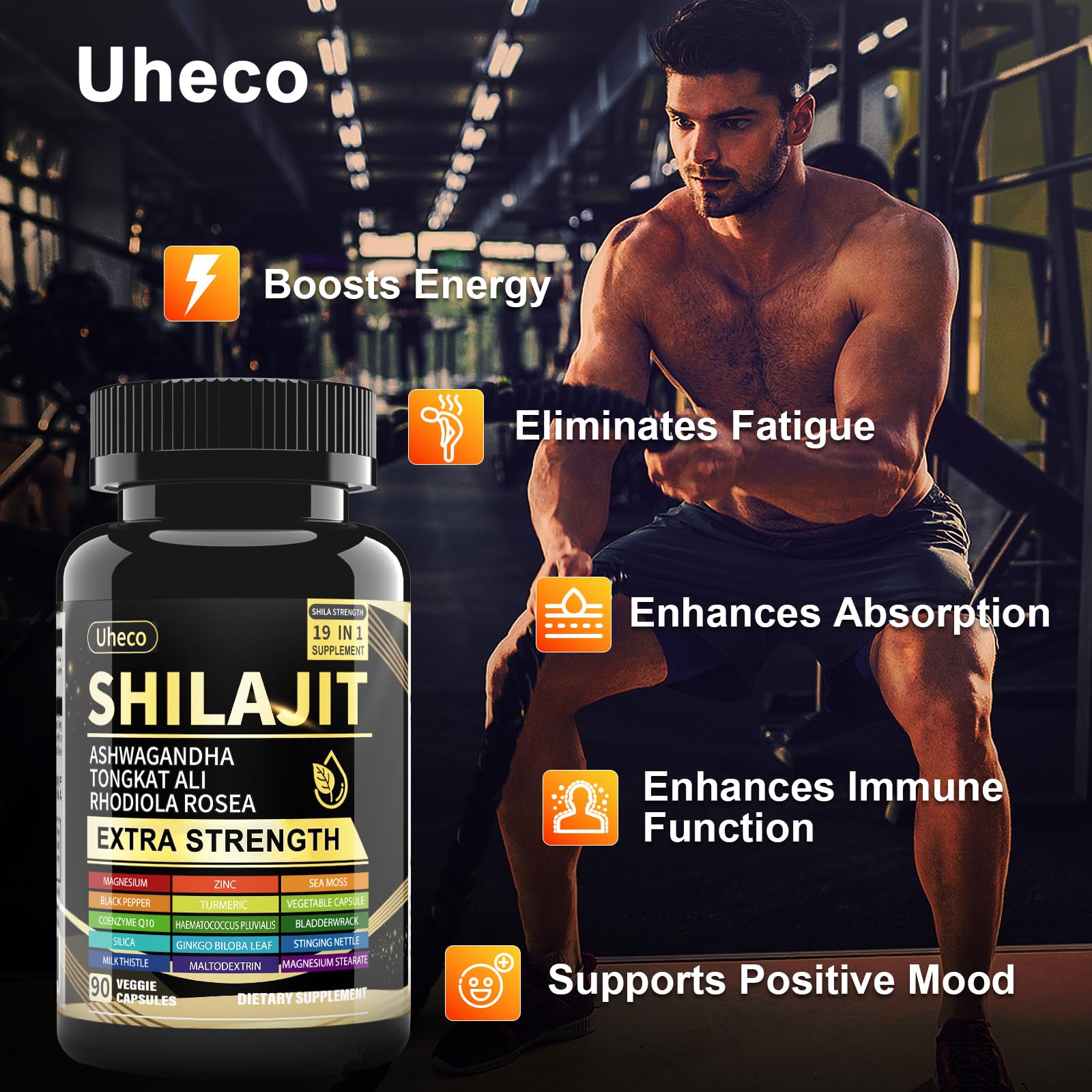 Shilajit Capsules, 19-in-1 Supplement with Sea Moss, Ashwagandha, Tongkat Ali & Fulvic Acid, Natural Mineral Wellness Supplement, Gluten Free, Non-GMO, 90 Capsules