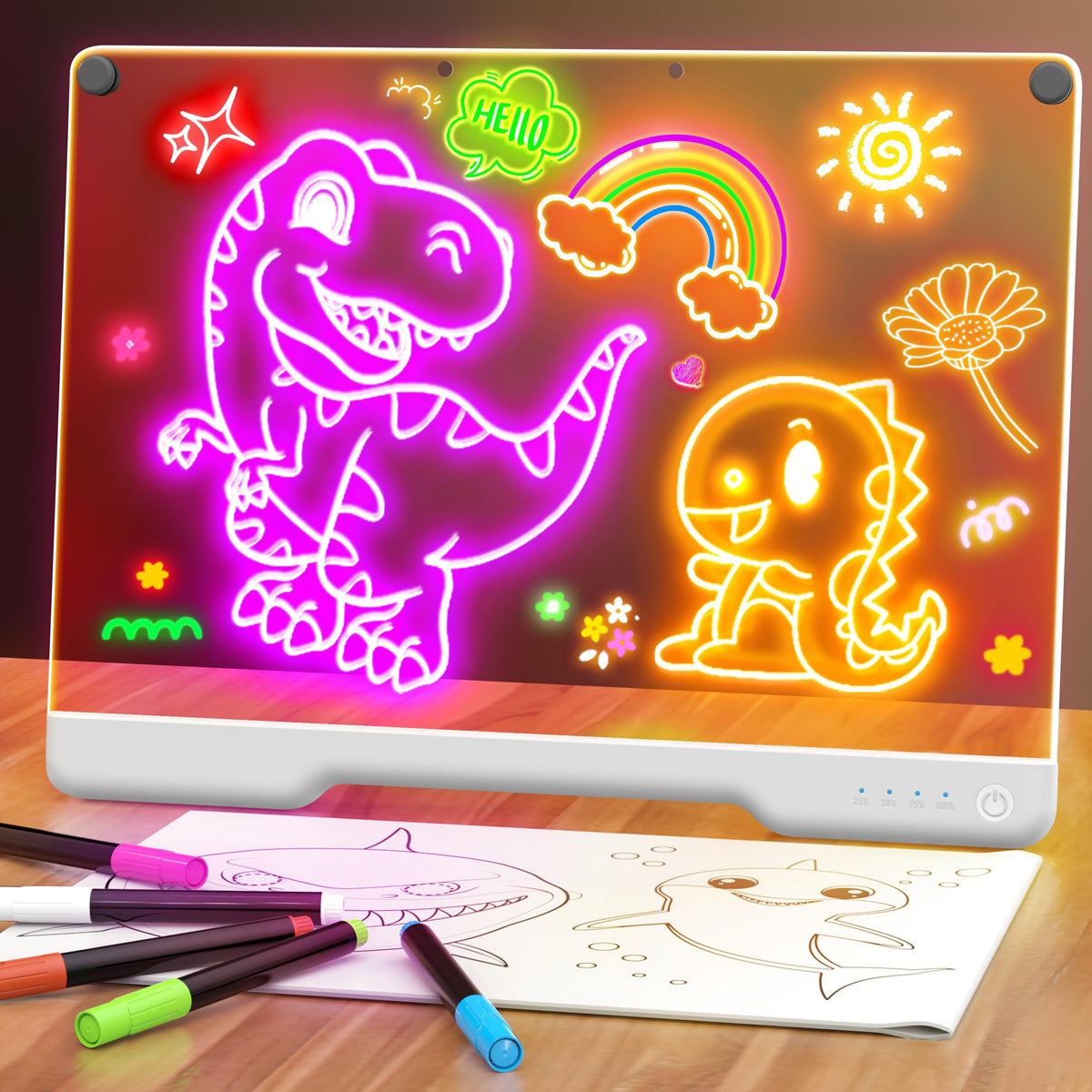 16" Rechargeable LED Drawing Board, 9-Color Light Modes, Neon Art Dry Erase Light Up Doodle Glow Pad with Built-in Stand, Sketching Gift Toy for Kids/Girls/Teens, 7 Markers & Tracing Book
