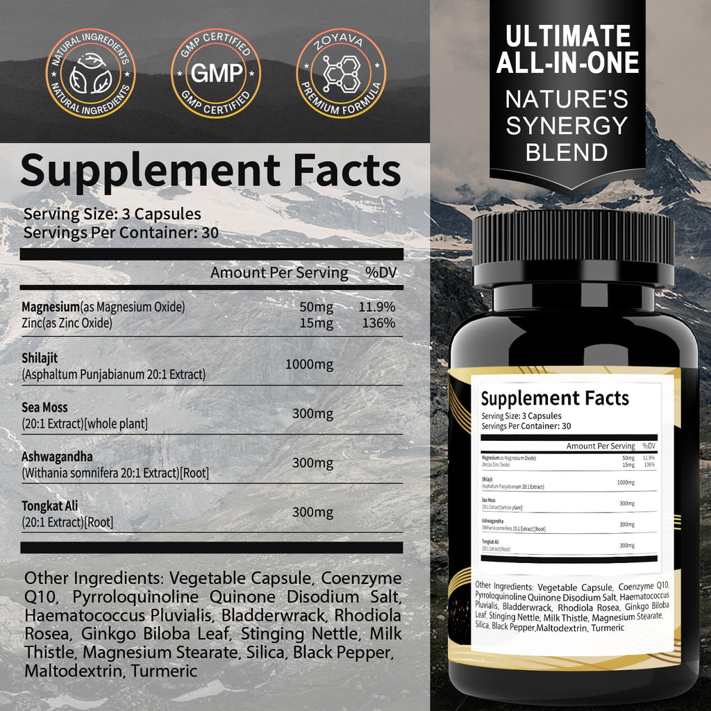 Shilajit Capsules, 19-in-1 Supplement with Sea Moss, Ashwagandha, Tongkat Ali & Fulvic Acid, Natural Mineral Wellness Supplement, Gluten Free, Non-GMO, 90 Capsules