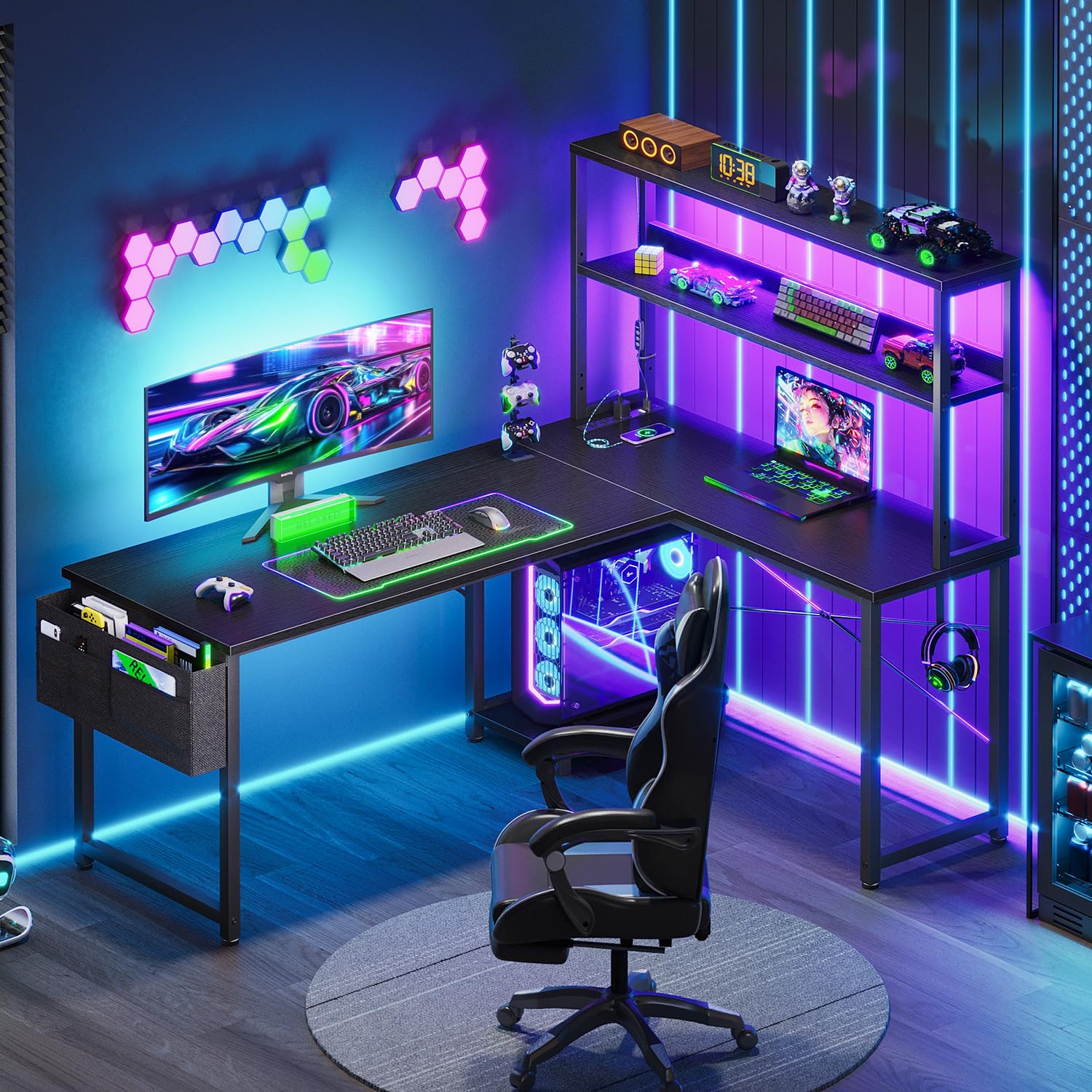 AODK L Shaped Desk Gaming Desk with LED Light & Power Outlet, 53 Inch Reversible L Shaped Computer Table with Shelf & Storage Bag & Hook for Home Office, Black