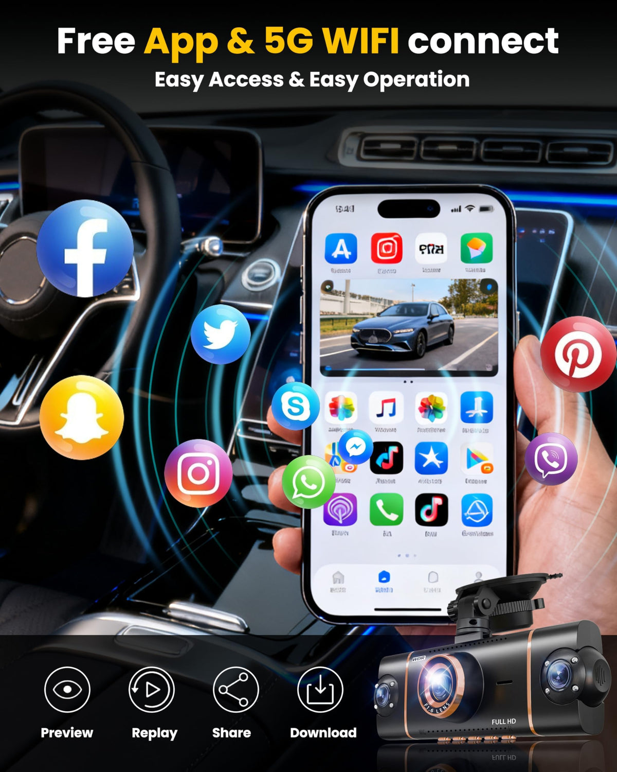 XYGCACO 4 Channel 360° Dash Cam Front Rear Inside and Left Right, 4K+1080P*3 FHD Car Camera, 5GHz WiFi and App Control, 24H Parking Mode, 8 IR Lamps Night Vision, Includes 64GB SD Card, Black