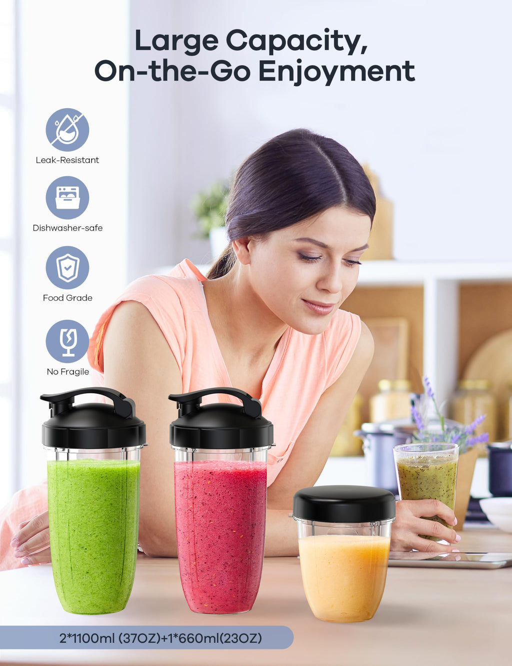 Smoothie Blender, Max 1300 Watt Personal Blender and Grinder Combo for Kitchen, Portable Maker for Smoothies, Shakes, Frozen Drinks, Sauces with 6-Leaf Blade, 23 oz, (2) 37 oz To-Go Cups