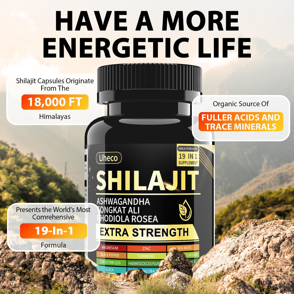 Shilajit Capsules, 19-in-1 Supplement with Sea Moss, Ashwagandha, Tongkat Ali & Fulvic Acid, Natural Mineral Wellness Supplement, Gluten Free, Non-GMO, 90 Capsules